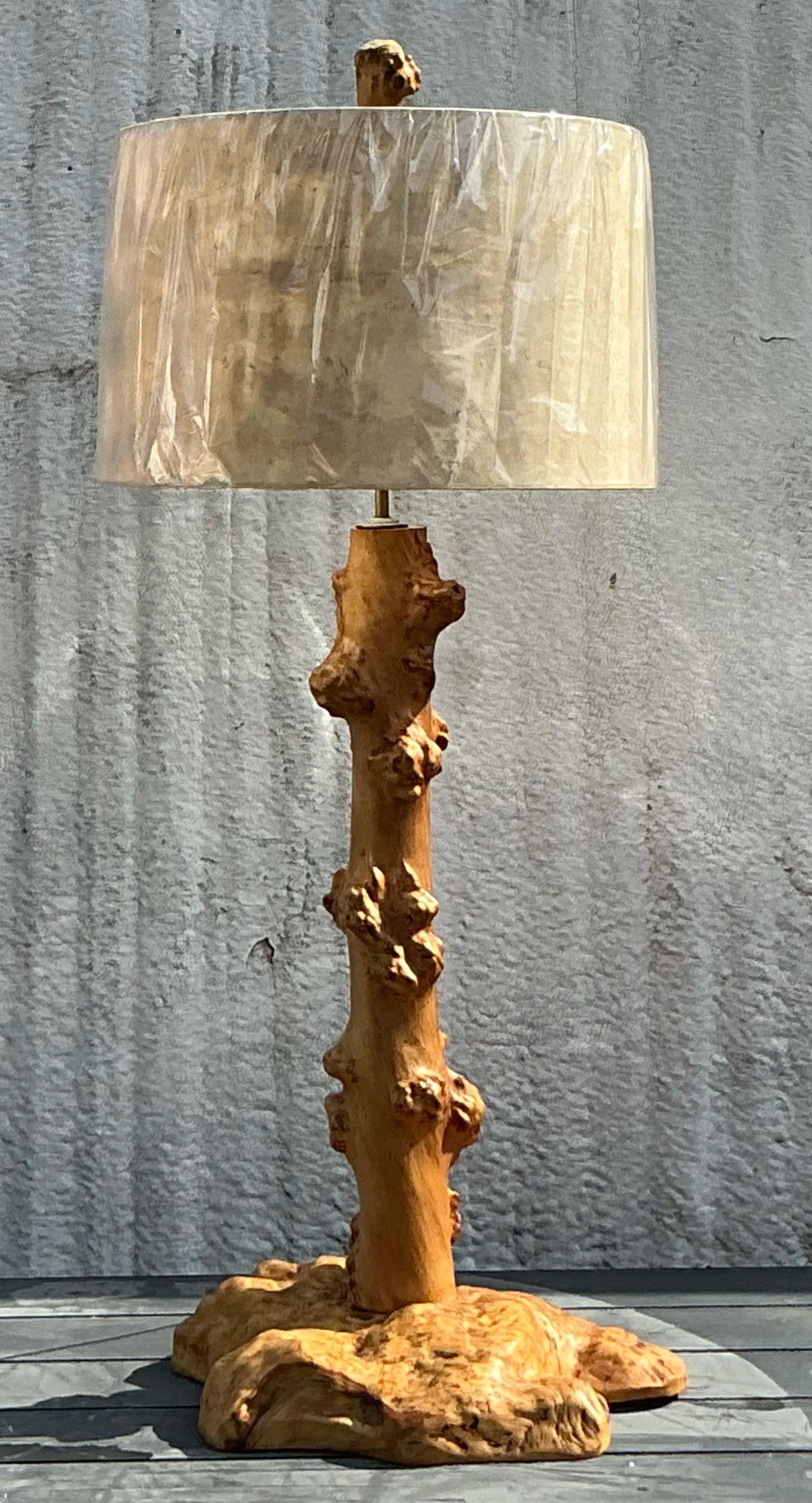 Rustic Vintage Burl Knot Table Lamp With Coordinating Wood Shade For Sale