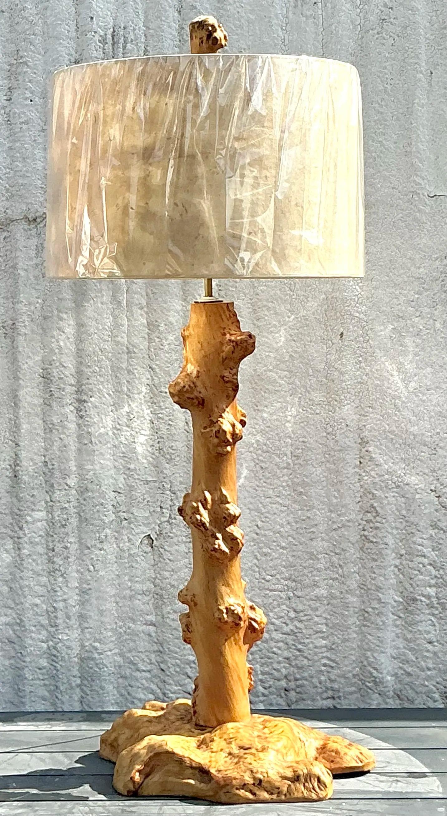 American Vintage Burl Knot Table Lamp With Coordinating Wood Shade For Sale