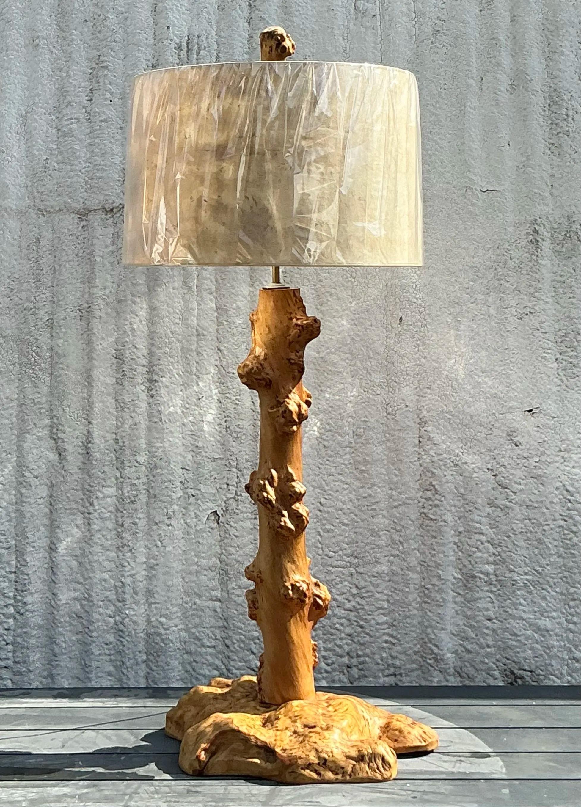Contemporary Vintage Burl Knot Table Lamp With Coordinating Wood Shade For Sale