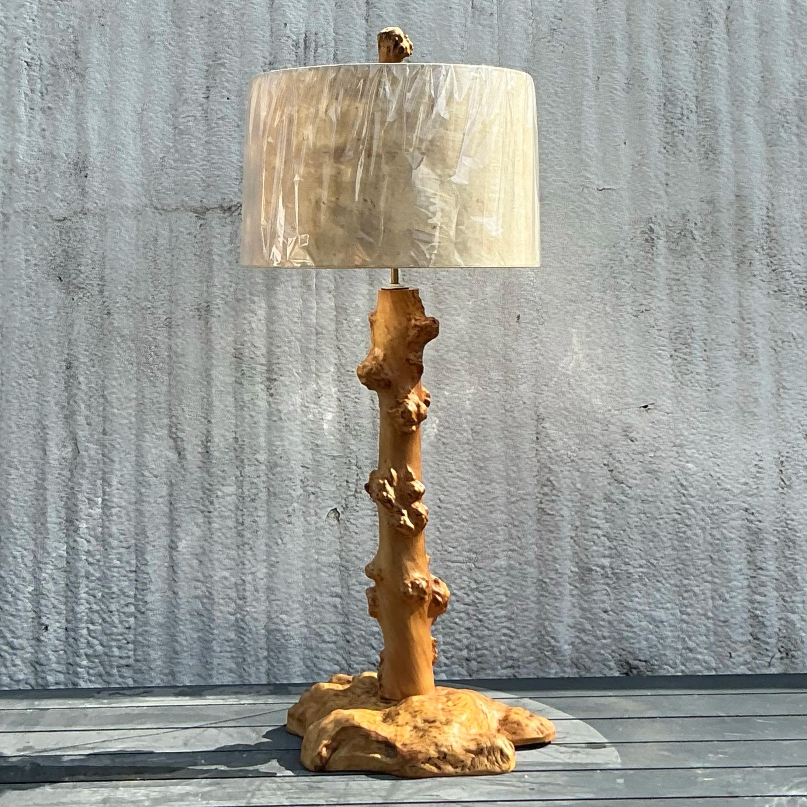 Vintage Burl Knot Table Lamp With Coordinating Wood Shade For Sale 3