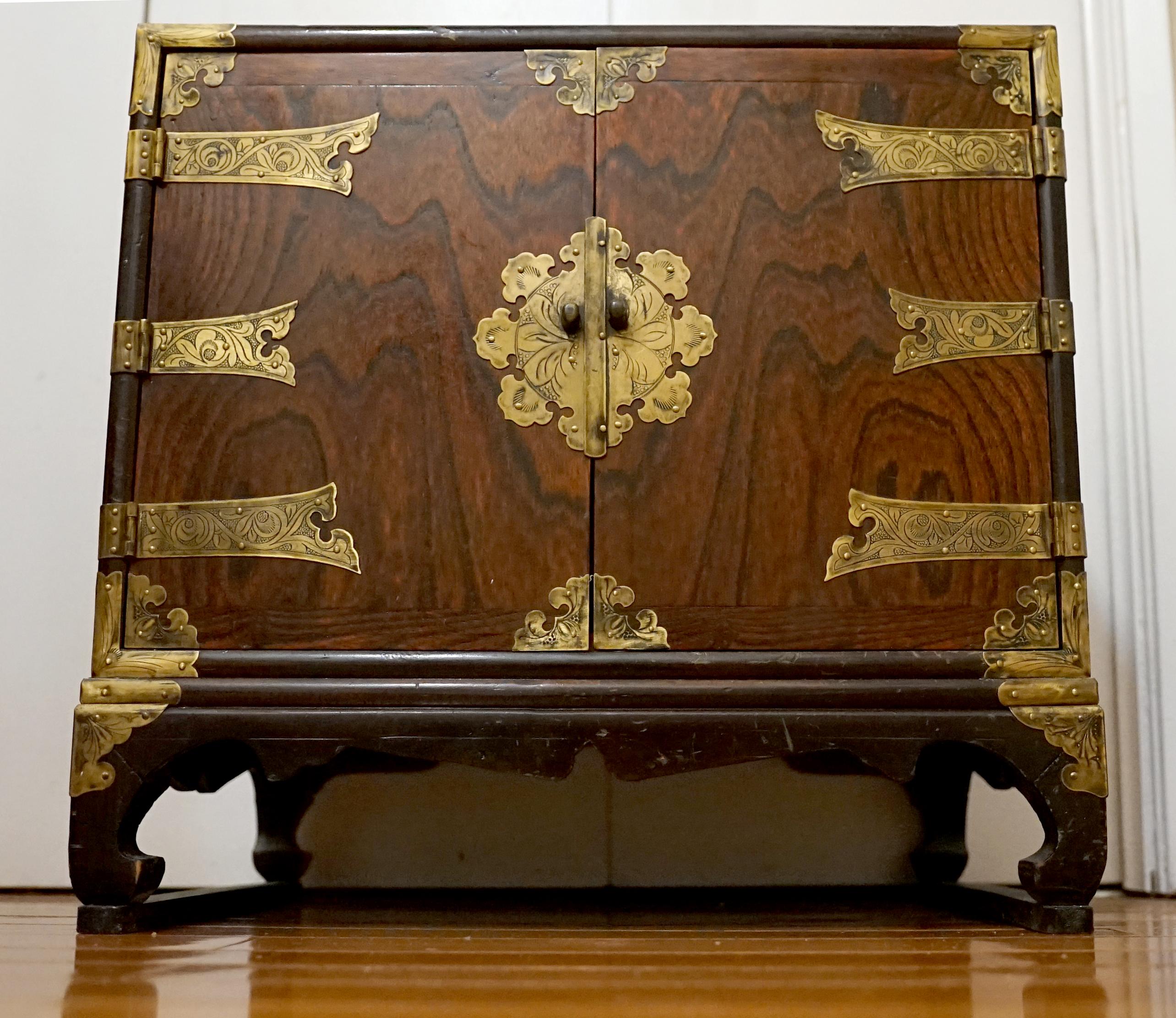 Chinese Vintage Burl Mahogany Tansu Chest with Paper Antique Calligraphy Lining For Sale