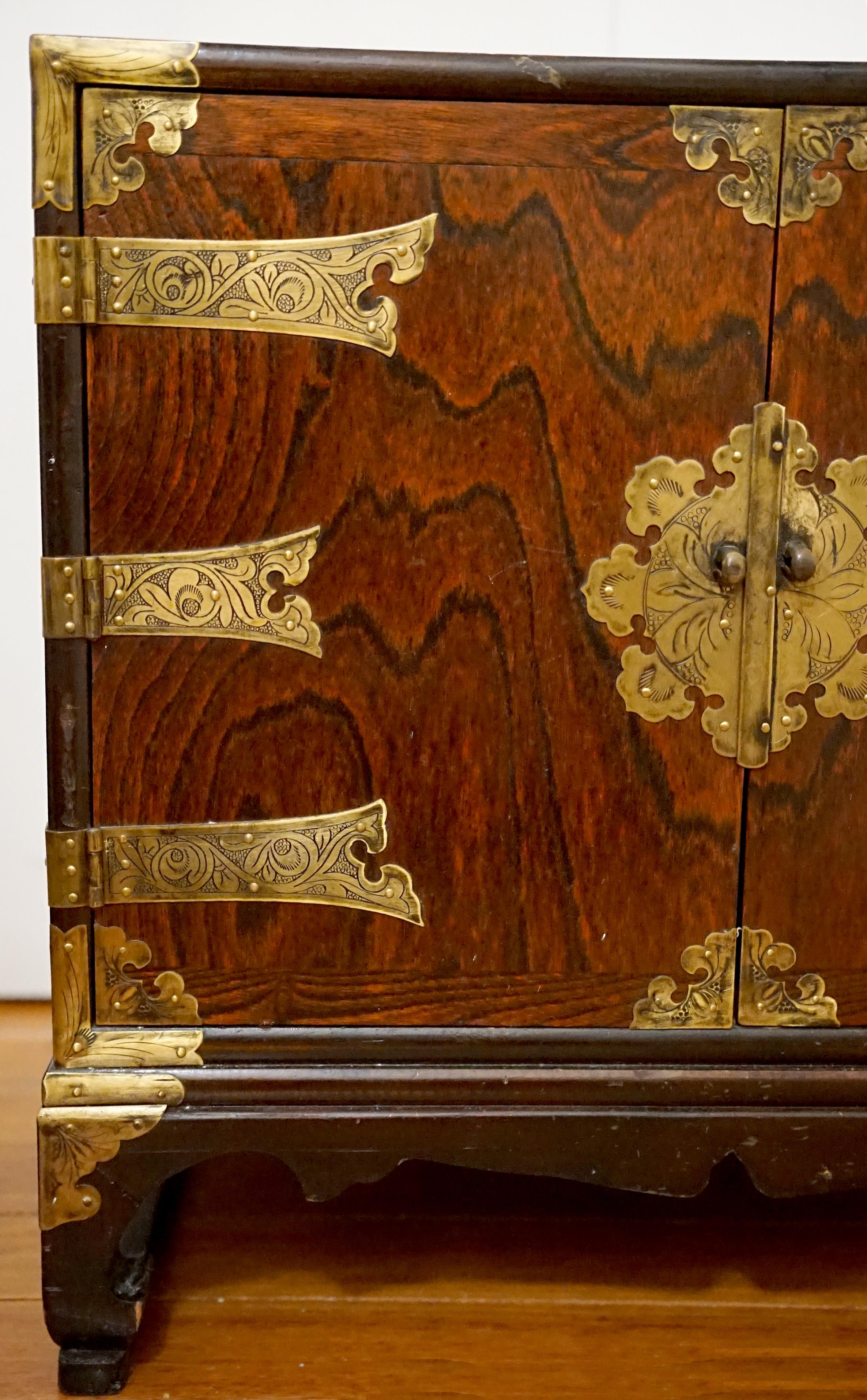 Brass Vintage Burl Mahogany Tansu Chest with Paper Antique Calligraphy Lining For Sale