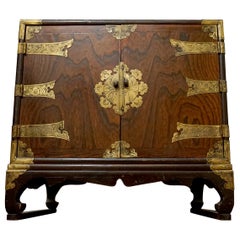 Vintage Burl Mahogany Tansu Chest with Paper Antique Calligraphy Lining