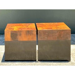Vintage Burl Parquet Low Drinks Tables - A Pair