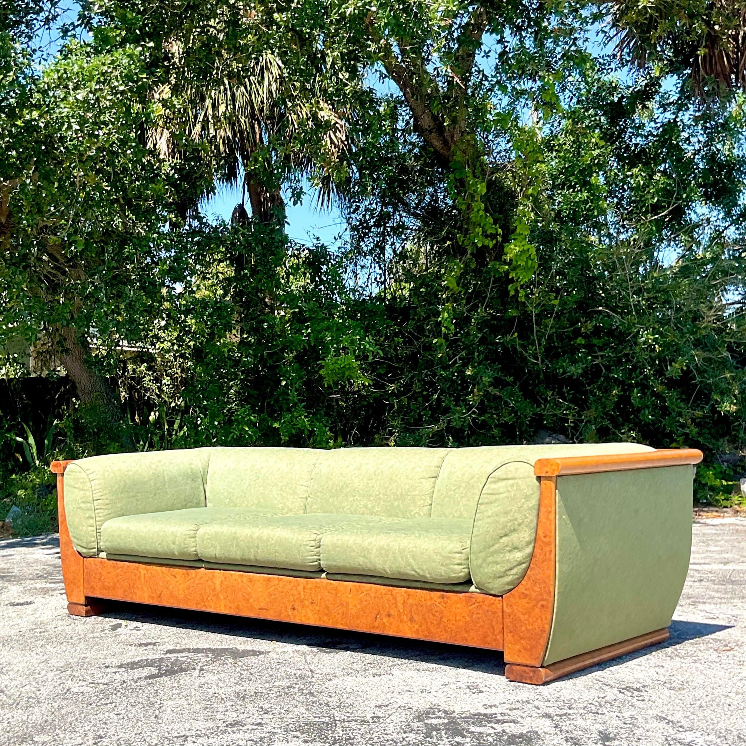 American Vintage Burl Trimmed Three Seat Sofa After Biedermeier For Sale