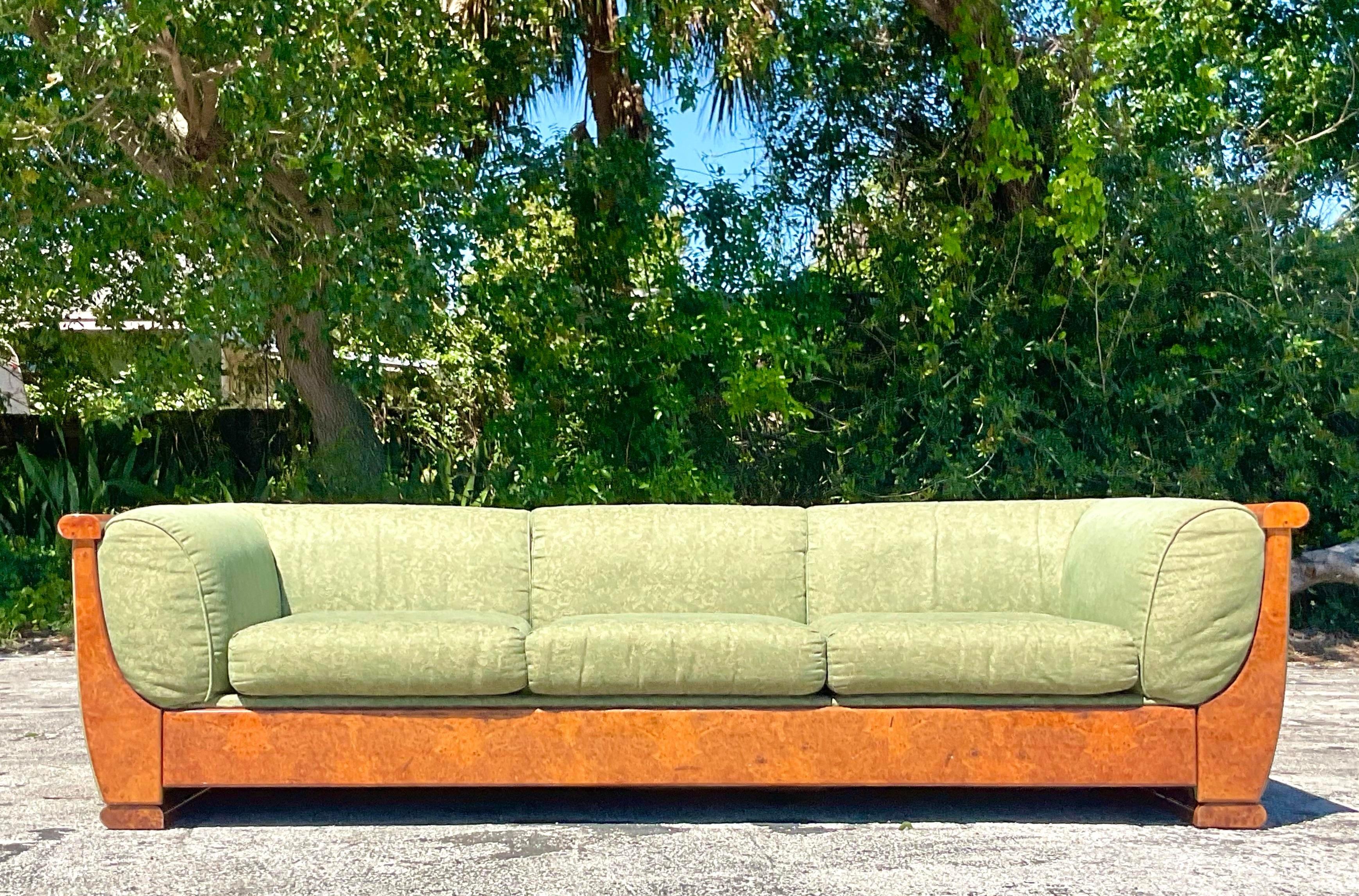20th Century Vintage Burl Trimmed Three Seat Sofa After Biedermeier For Sale