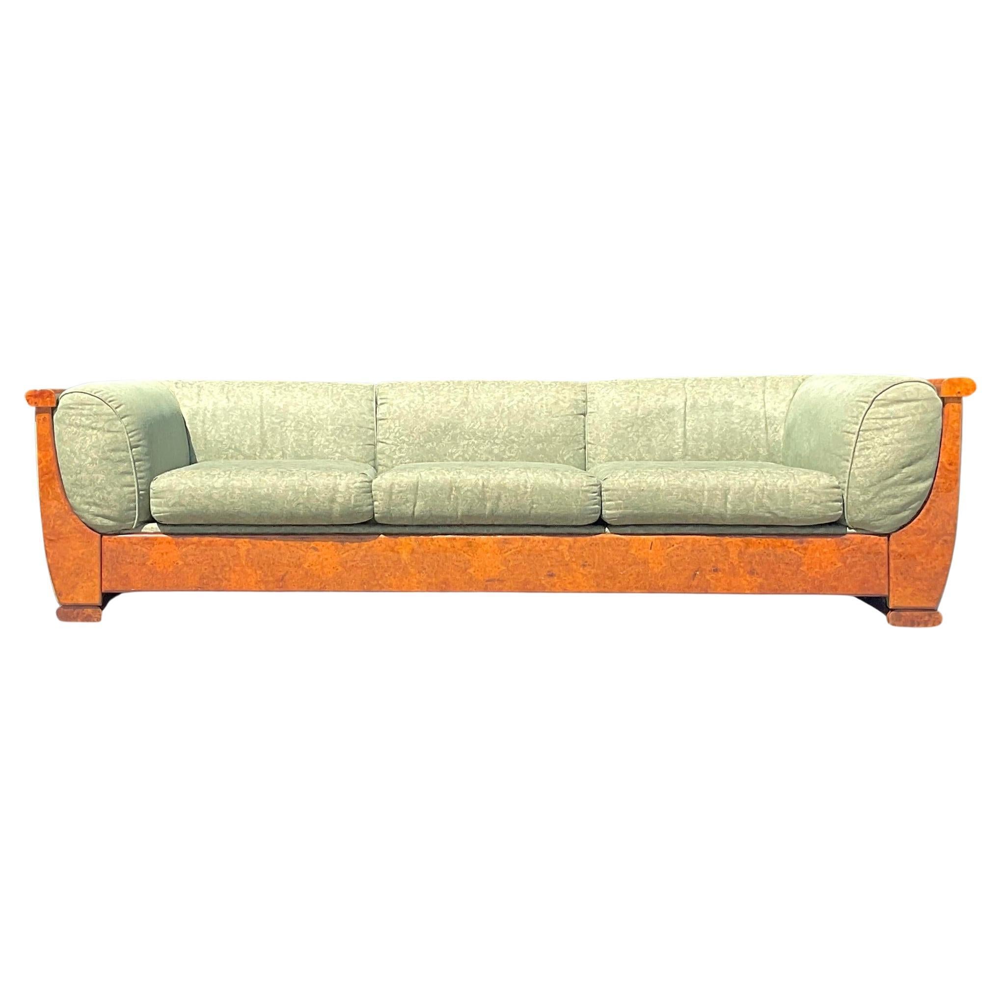 Vintage Burl Trimmed Three Seat Sofa After Biedermeier For Sale