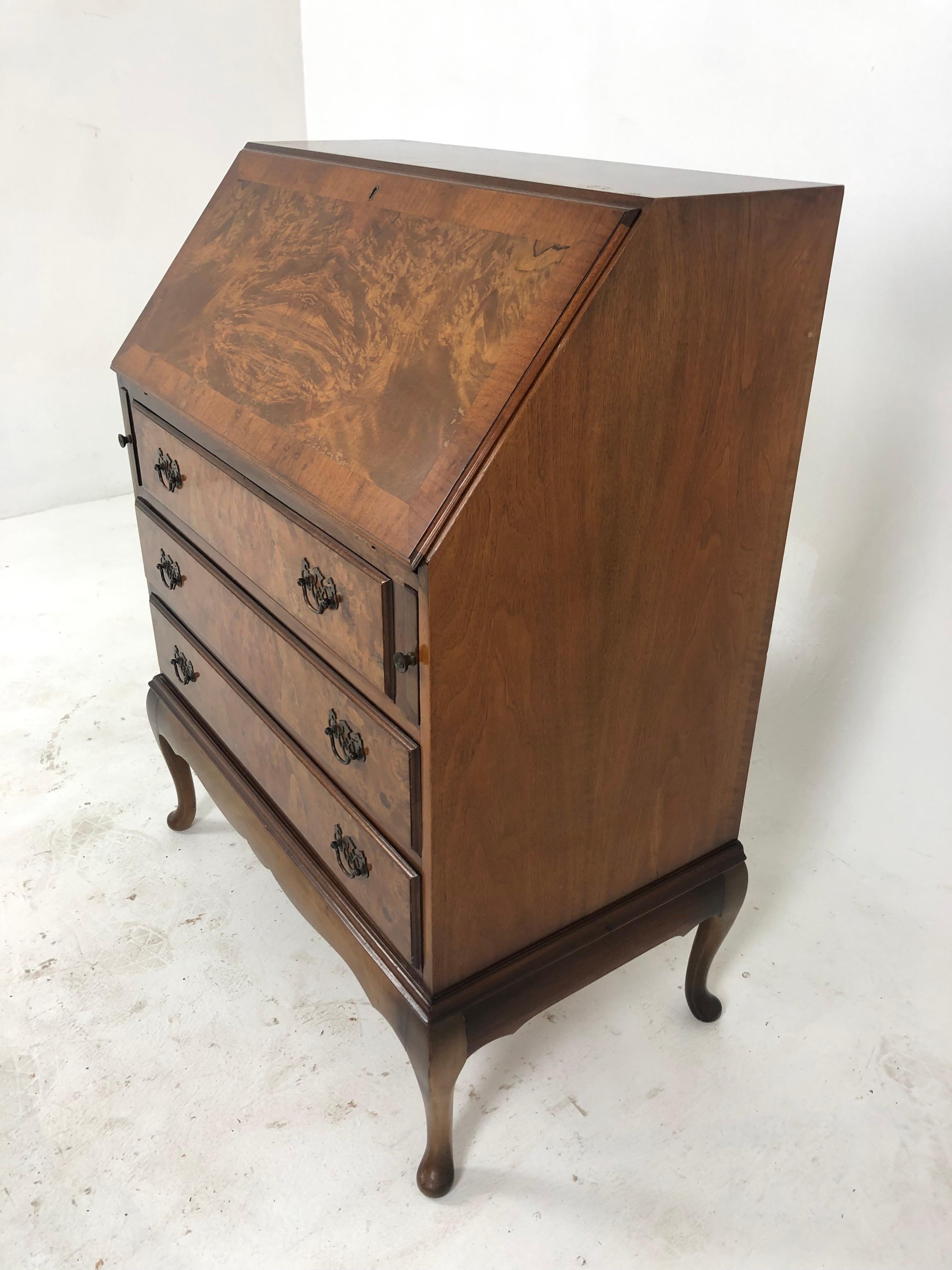 Scottish Vintage Burl Walnut Ladies Writing Desk, Slant Front Desk, Scotland 1920, H838 For Sale