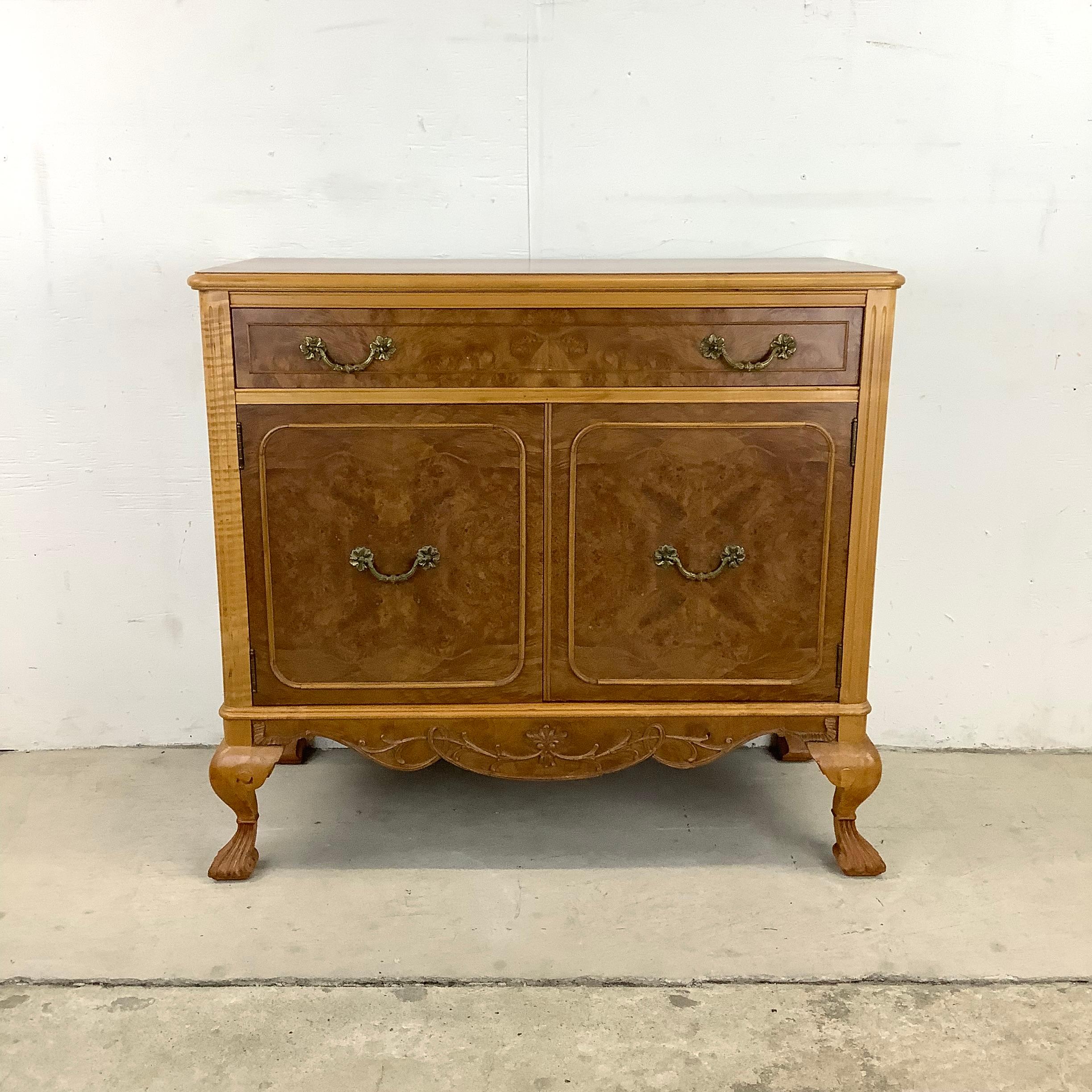 French Provincial Vintage Burl Walnut Queen Anne Style Commode Cabinet
