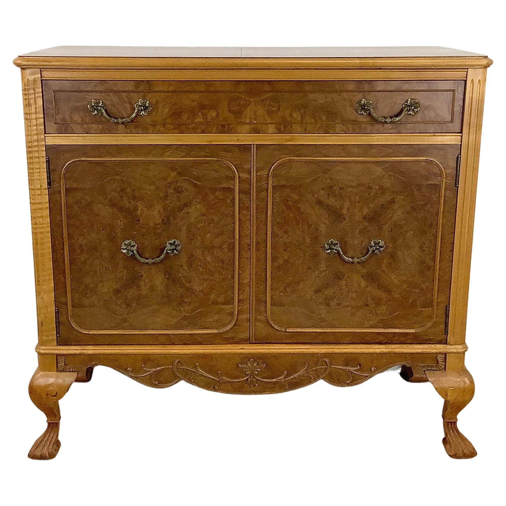 Vintage Burl Walnut Queen Anne Style Commode Cabinet