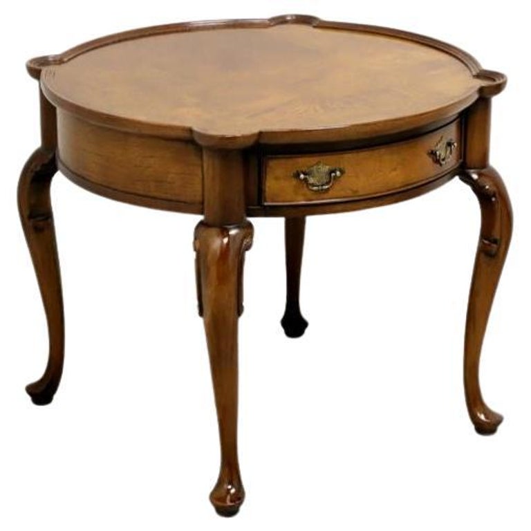 Vintage Burl Walnut Round Queen Anne Accent Table For Sale at 1stDibs