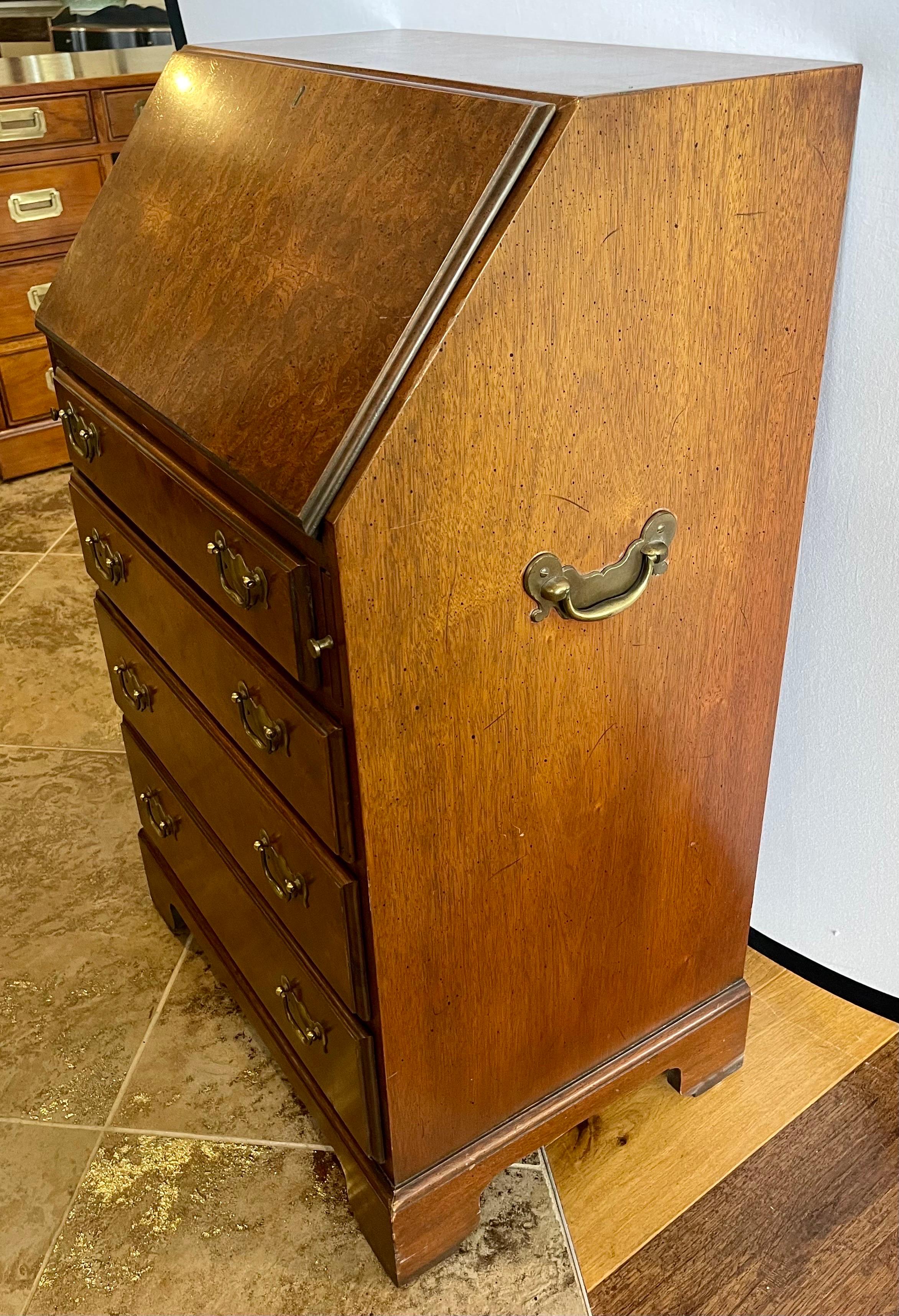 Vintage Burl Walnut Small Secretary Desk Table Chest In Good Condition In West Hartford, CT