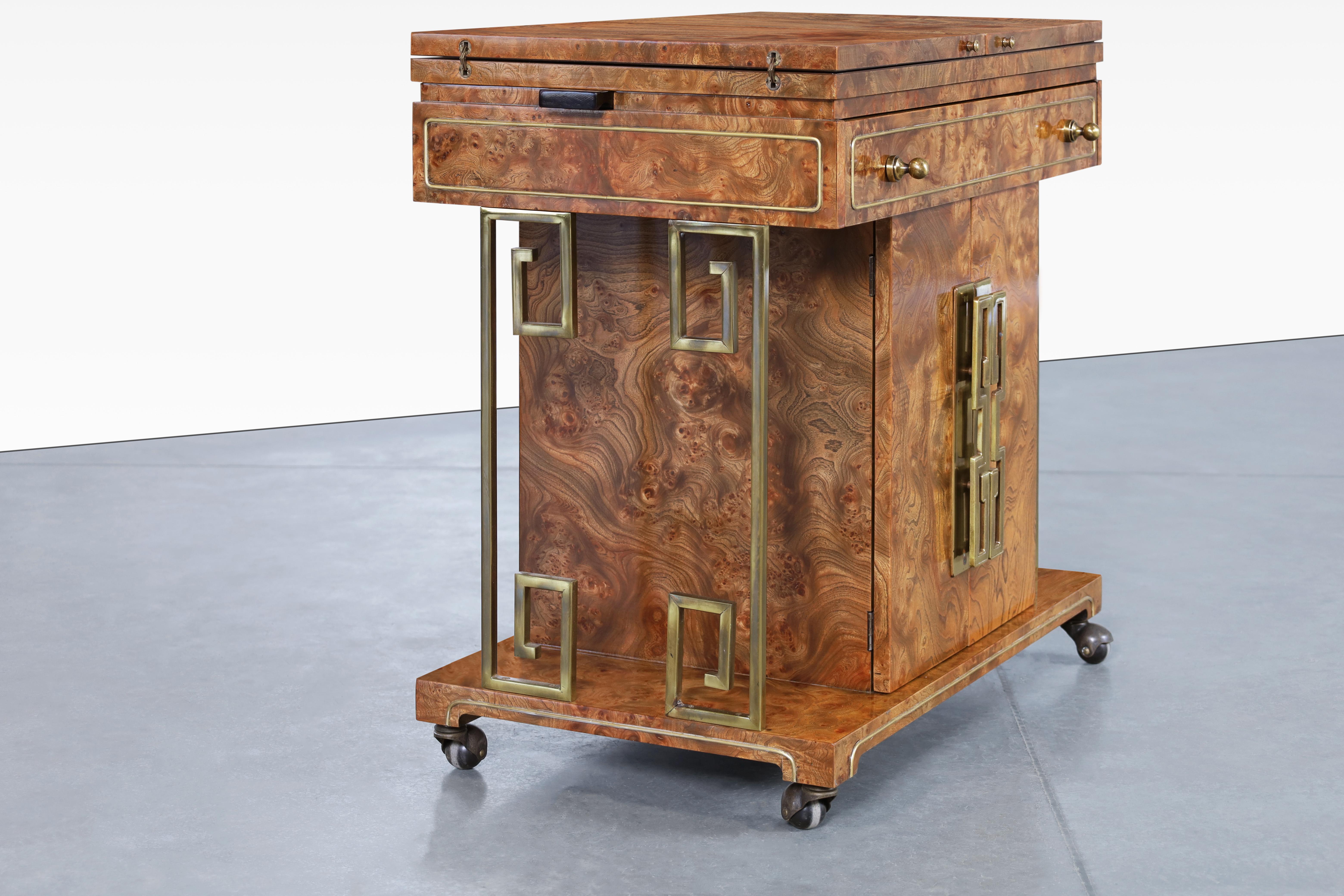 Late 20th Century Vintage Burl Wood and Brass Bar Cart by Bernhard Rohne for Mastercraft For Sale