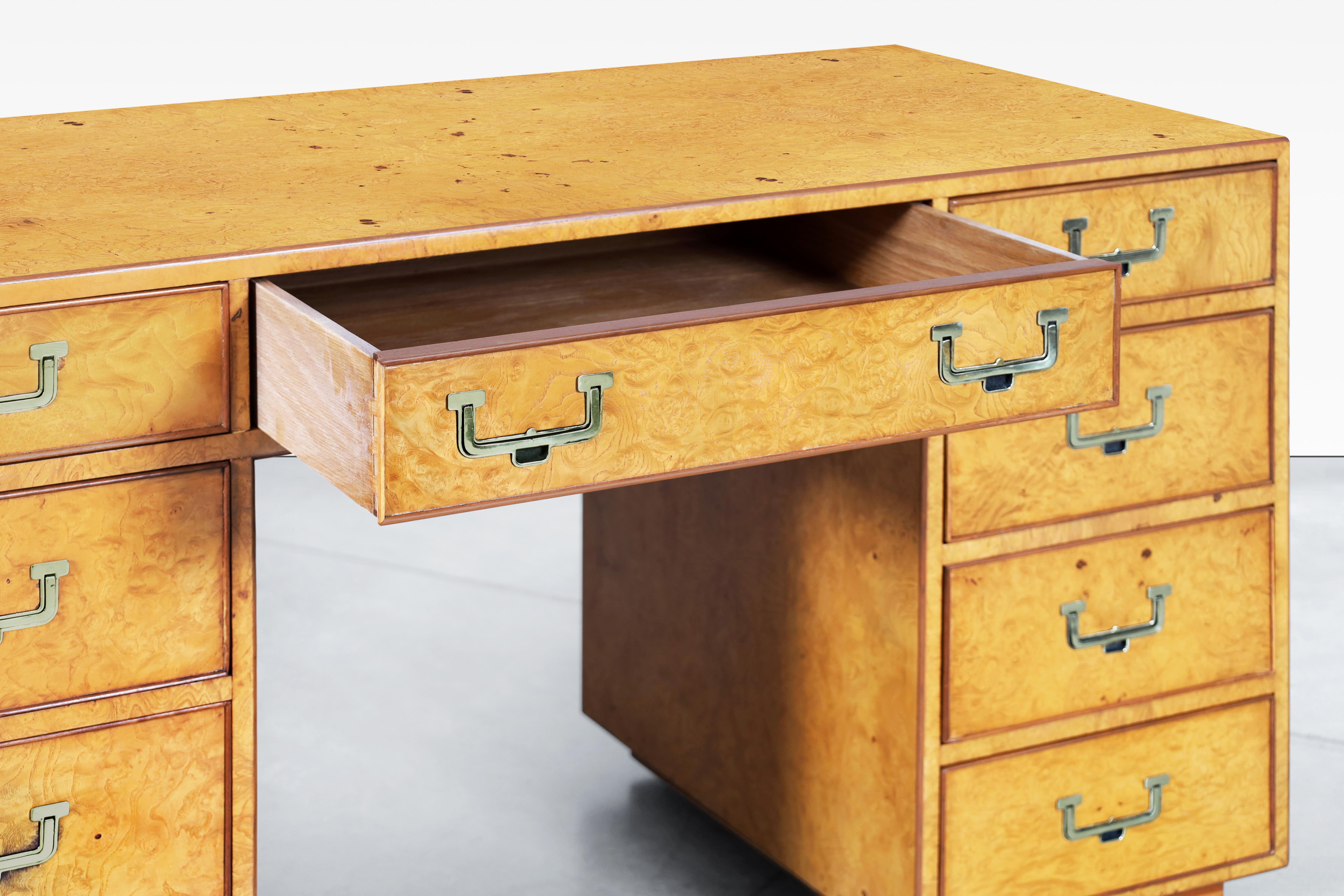 Mid-20th Century Vintage Burl Wood and Brass Campaign Desk by John Widdicomb For Sale