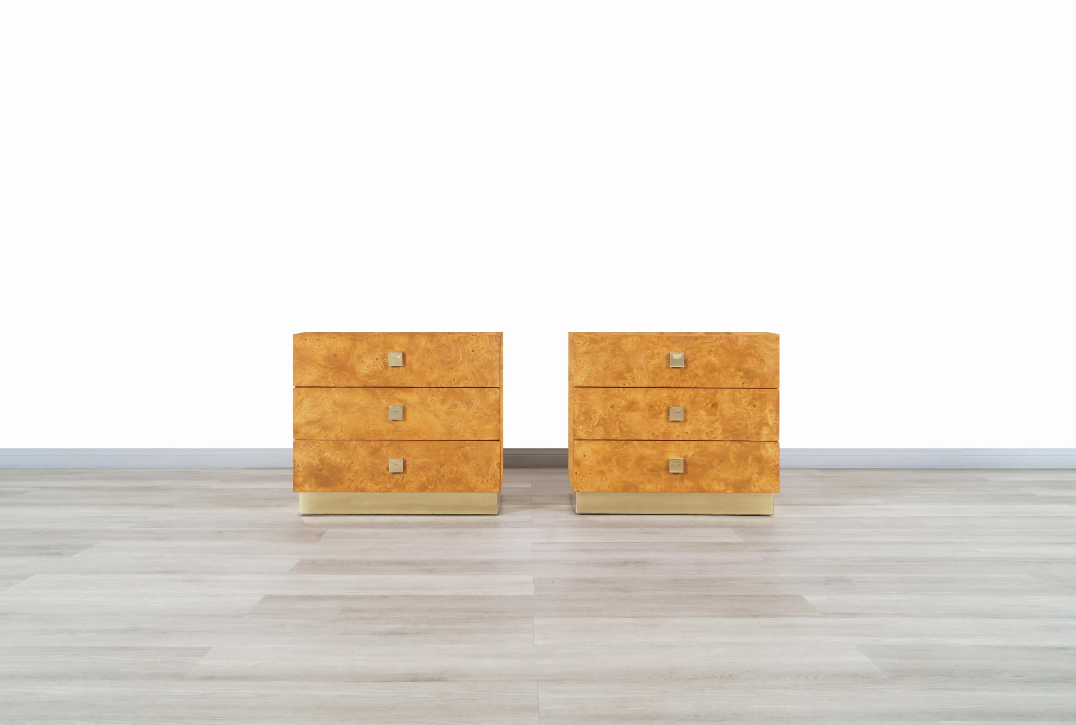 American Vintage Burl Wood and Brass Chest of Drawers by Founders
