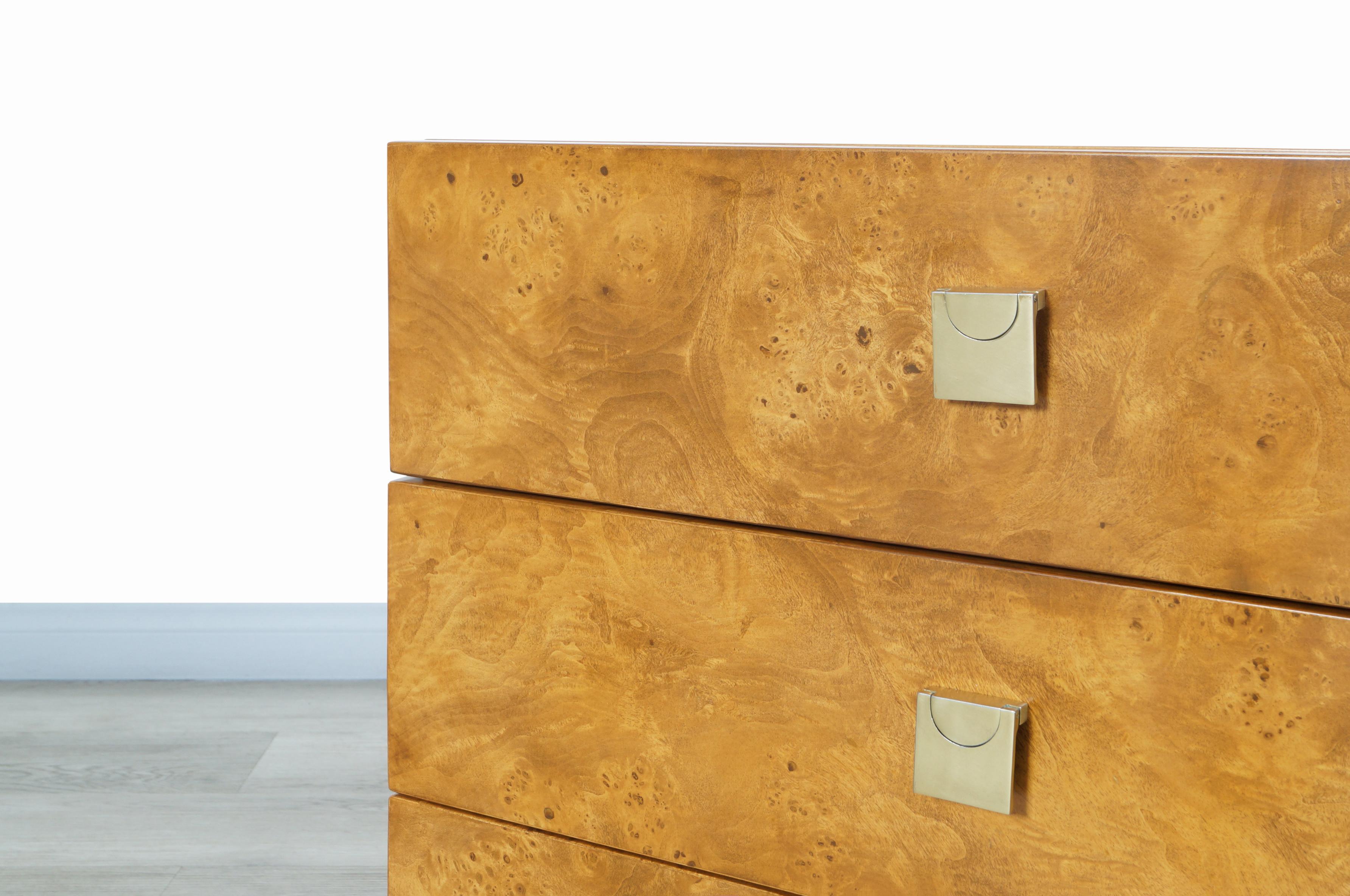 Vintage Burl Wood and Brass Chest of Drawers by Founders 3