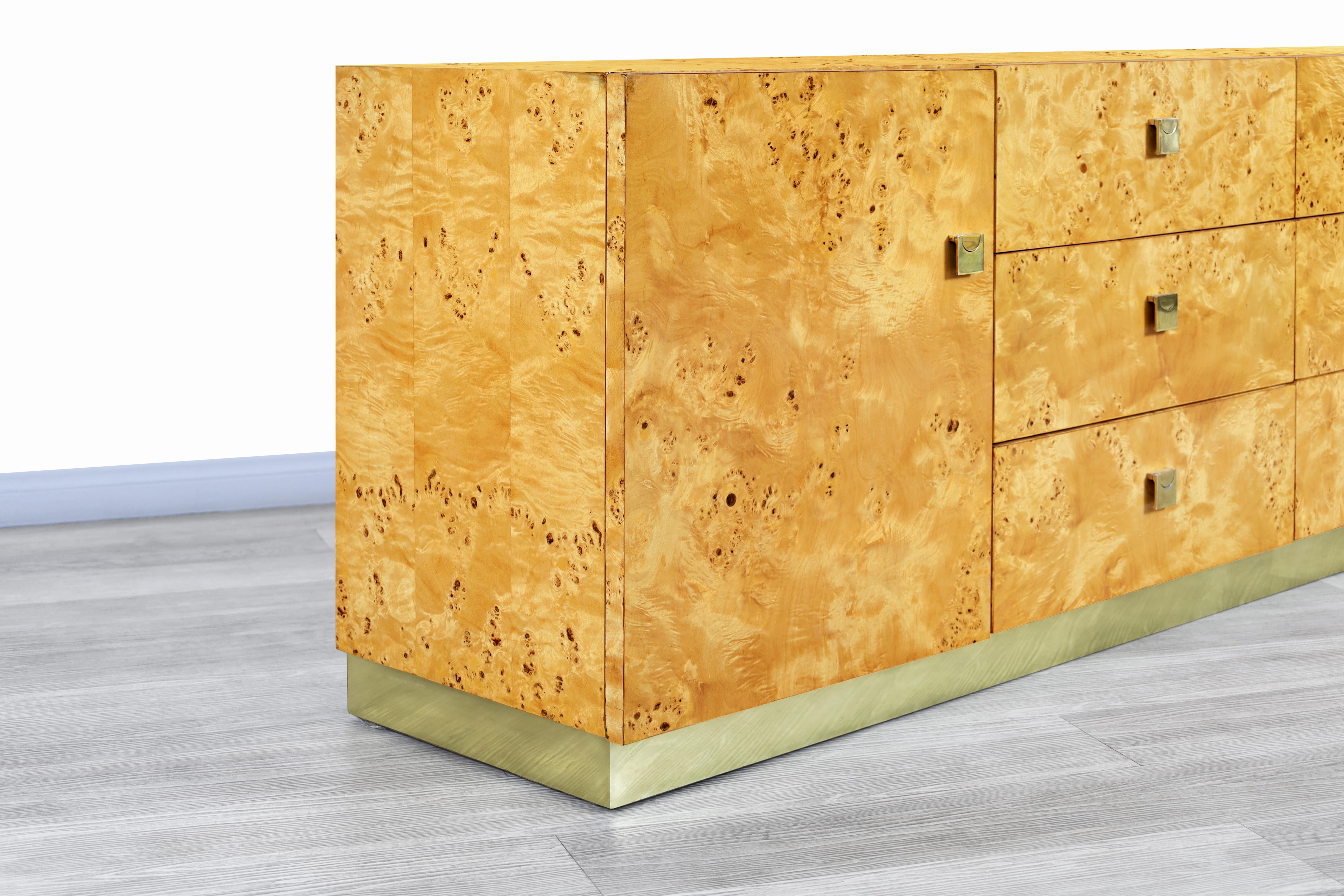 American Vintage Burl Wood and Brass Credenza by Founders