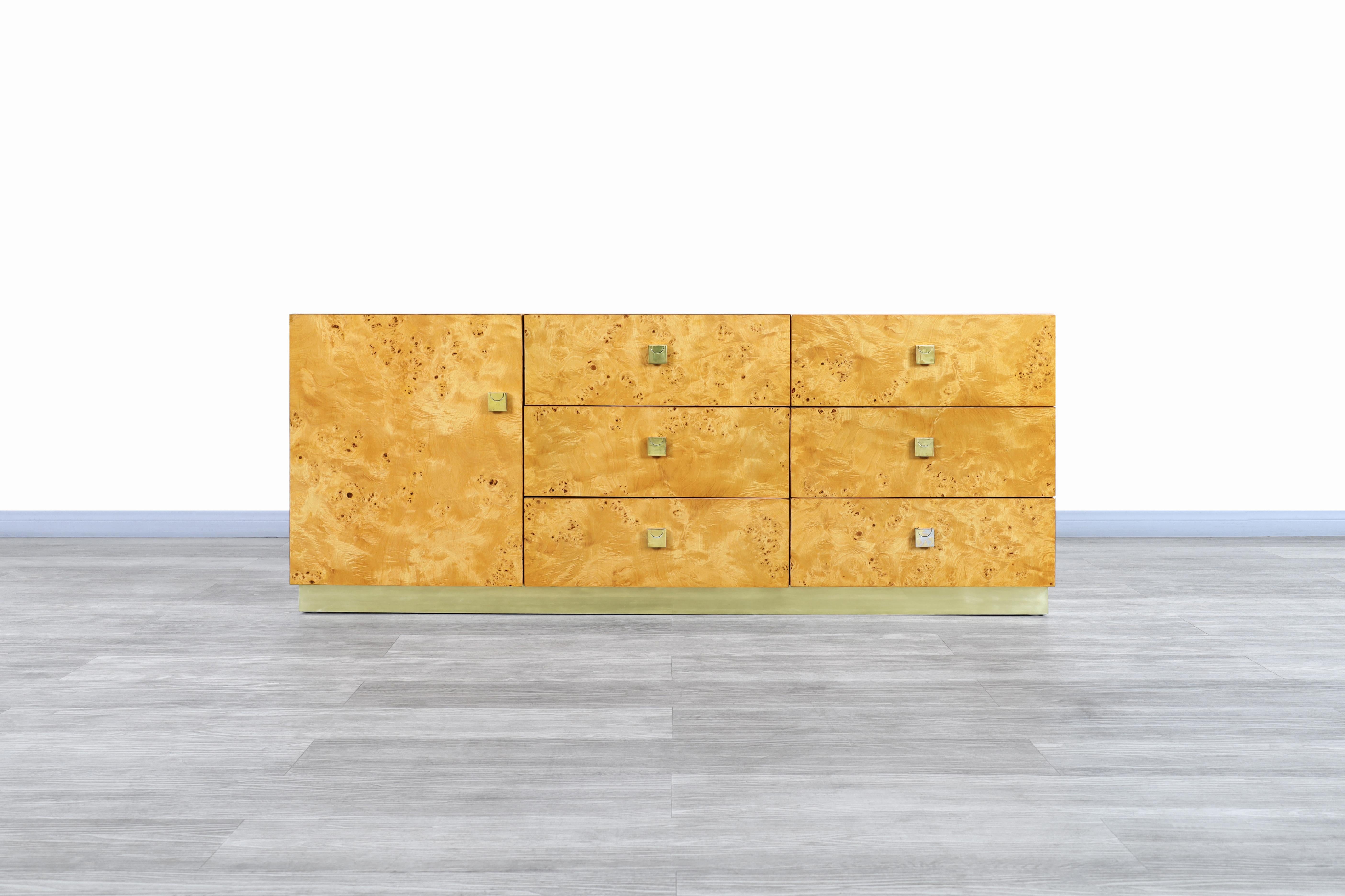 Vintage Burl Wood and Brass Credenza by Founders 1