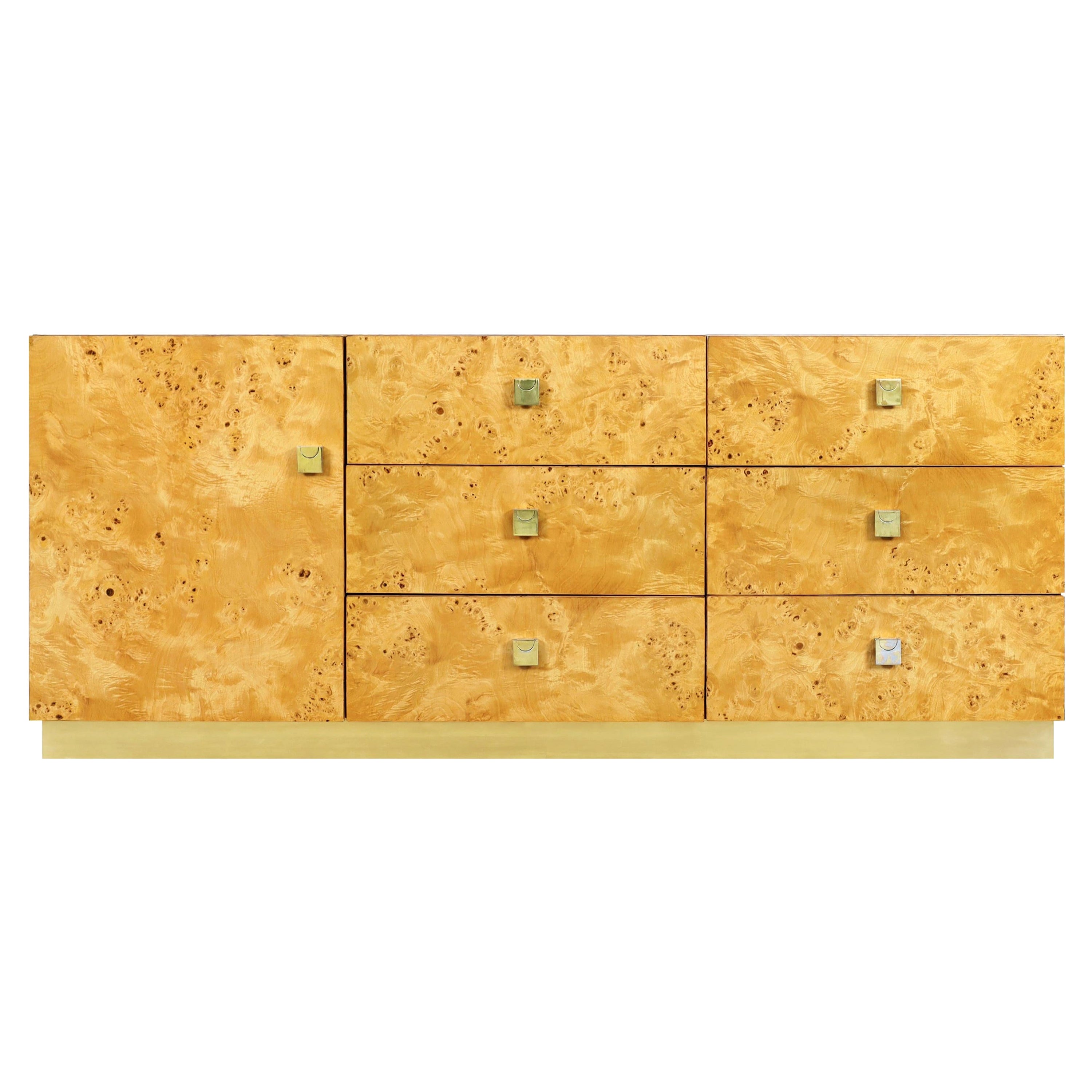 Vintage Burl Wood and Brass Credenza by Founders