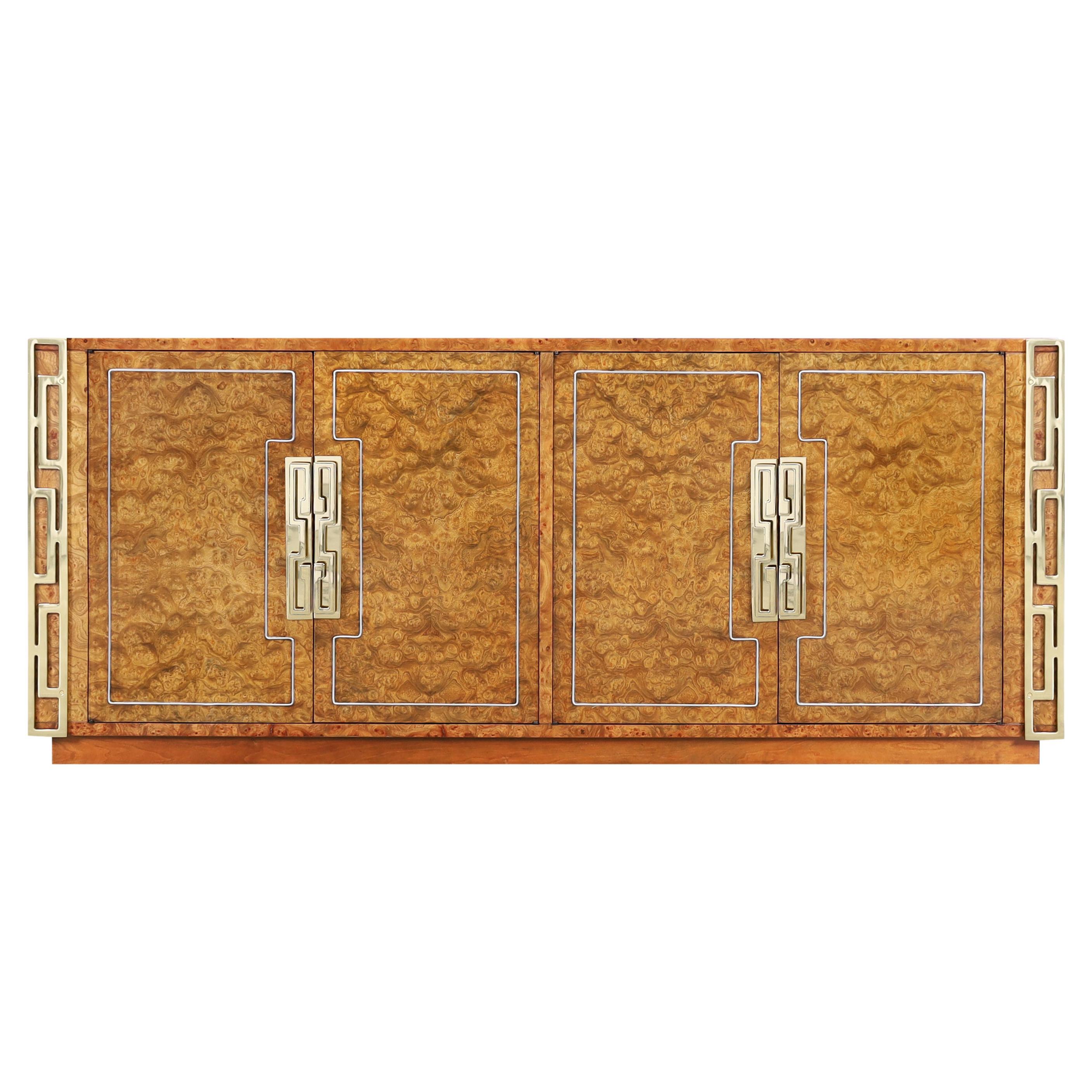 Vintage Burl Wood and Brass Credenza by Mastercraft