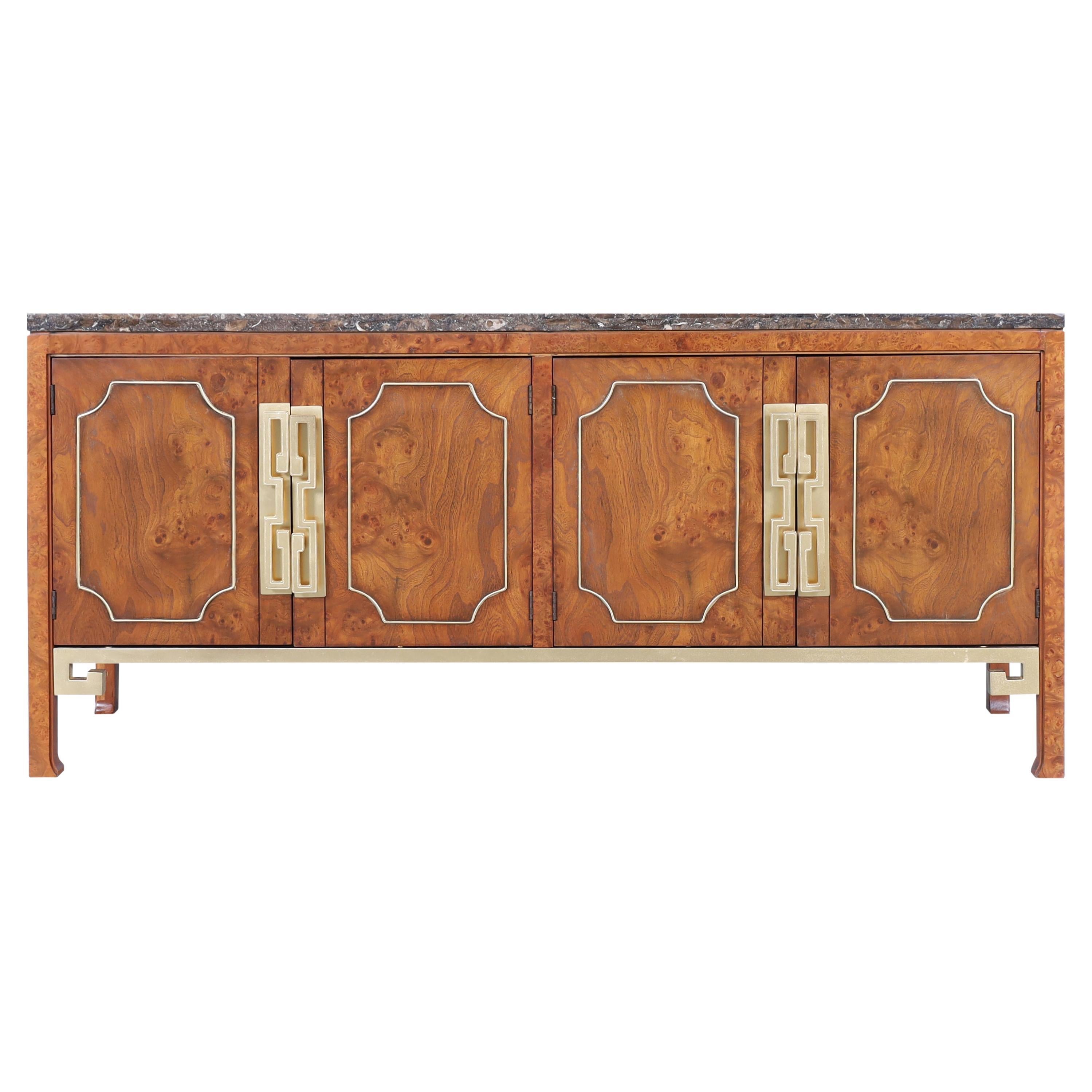 Vintage Burl Wood and Brass Credenza by William Doezema for Mastercraft