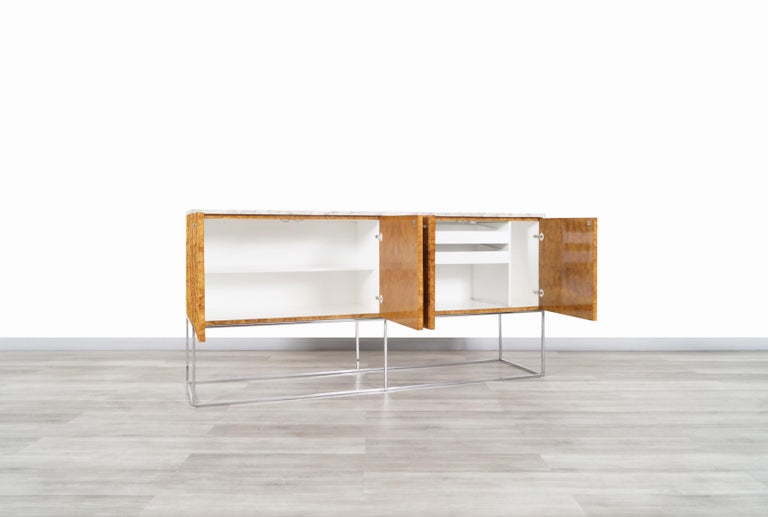 American Vintage Burl Wood and Calacatta Marble Credenza by Milo Baughman For Sale