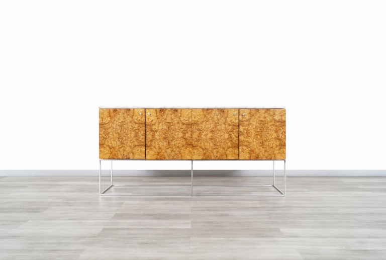Chrome Vintage Burl Wood and Calacatta Marble Credenza by Milo Baughman For Sale