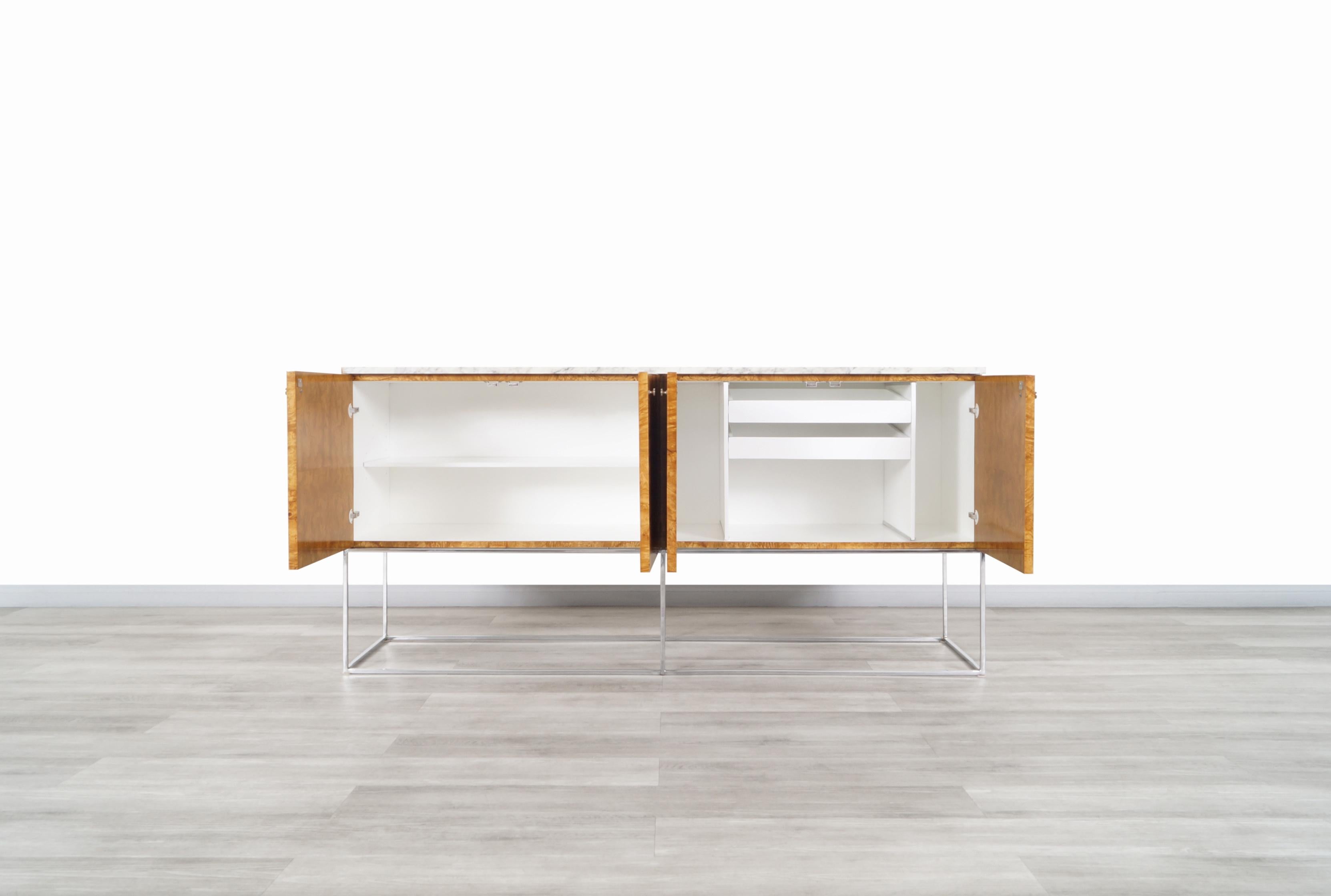 Chrome Vintage Burl Wood and Calacatta Marble Credenza by Milo Baughman