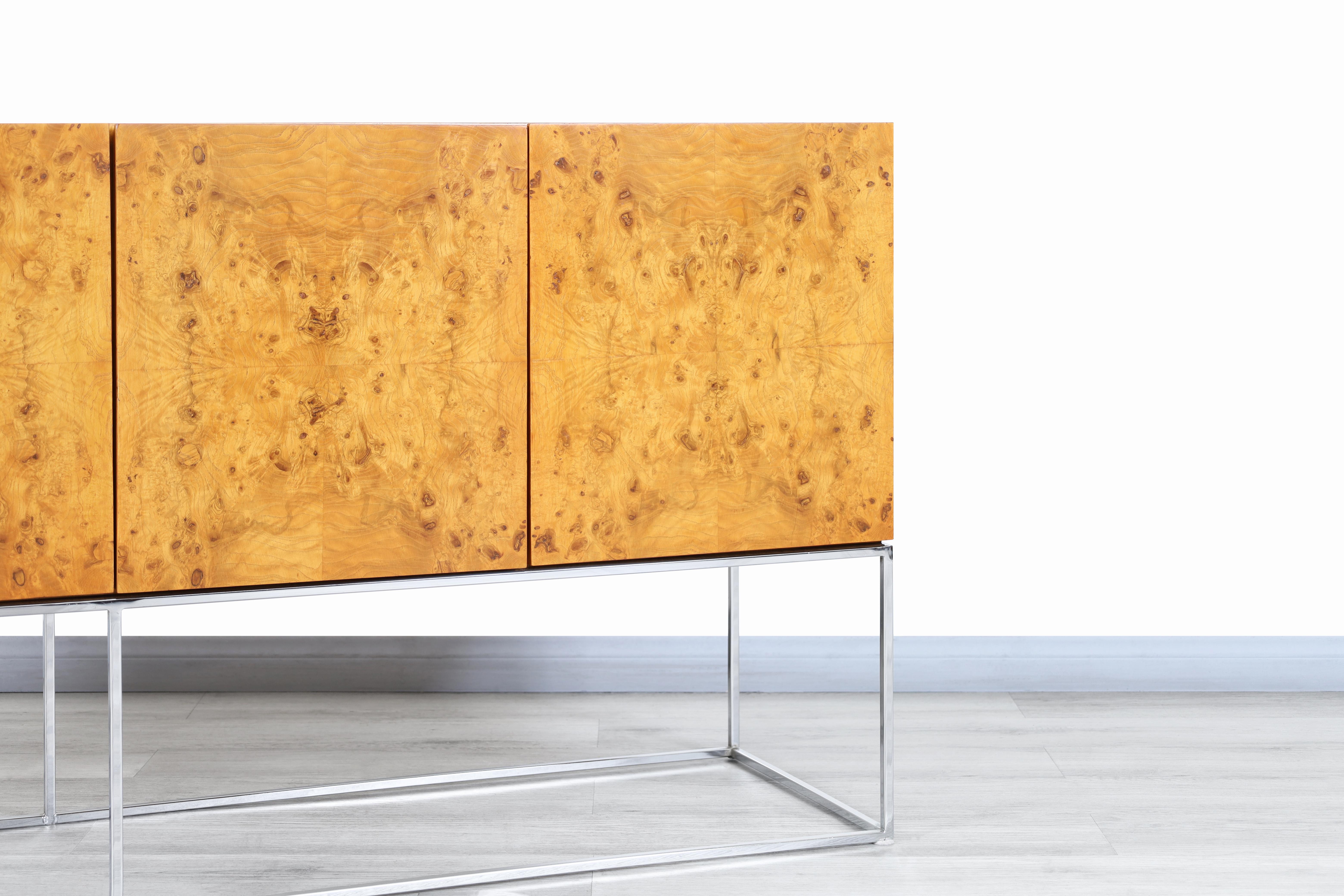 Late 20th Century Vintage Burl Wood and Chrome Credenza by Milo Baughman for Thayer Coggin For Sale
