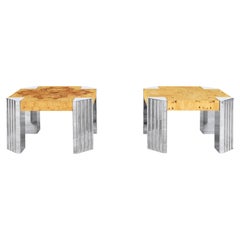 Vintage Burl Wood and Chrome "Skyscraper" Side Tables