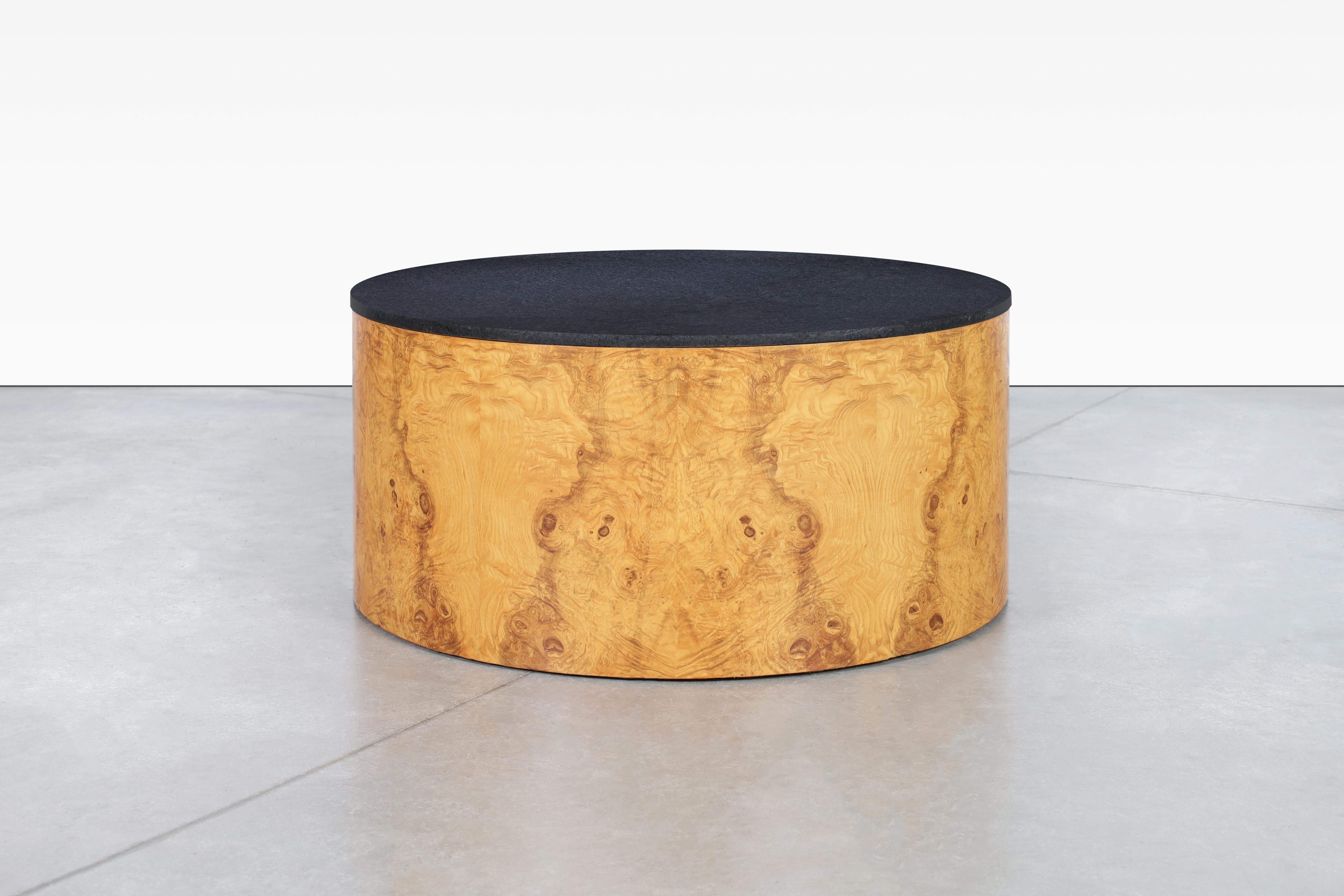 Amazing vintage burl wood and granite “Drum” coffee table, designed by Paul Mayen for Habitat International in USA, circa 1970’s. This exquisite table, professionally restored to its former glory, is crafted from stunning olive burl wood and