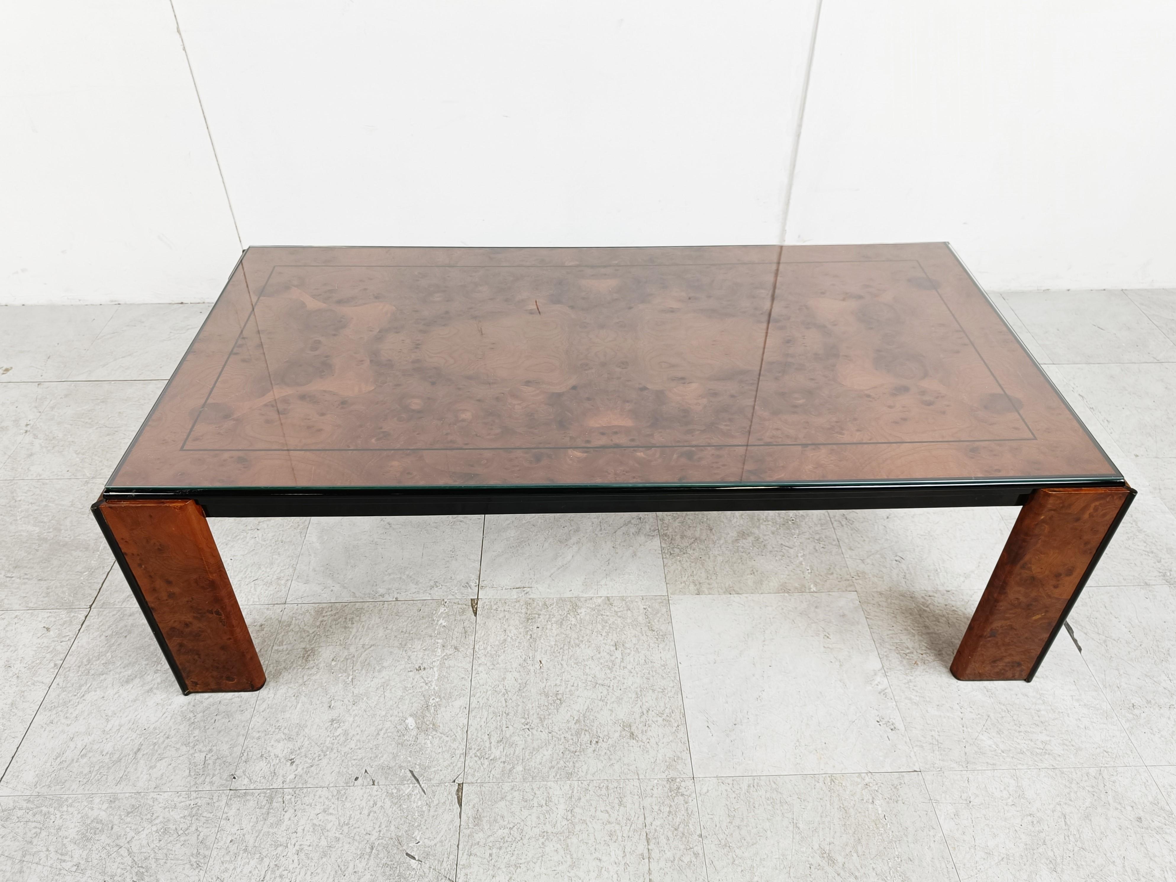 Hollywood Regency Vintage Burl Wood and Lacquer Coffee Table, 1970s For Sale