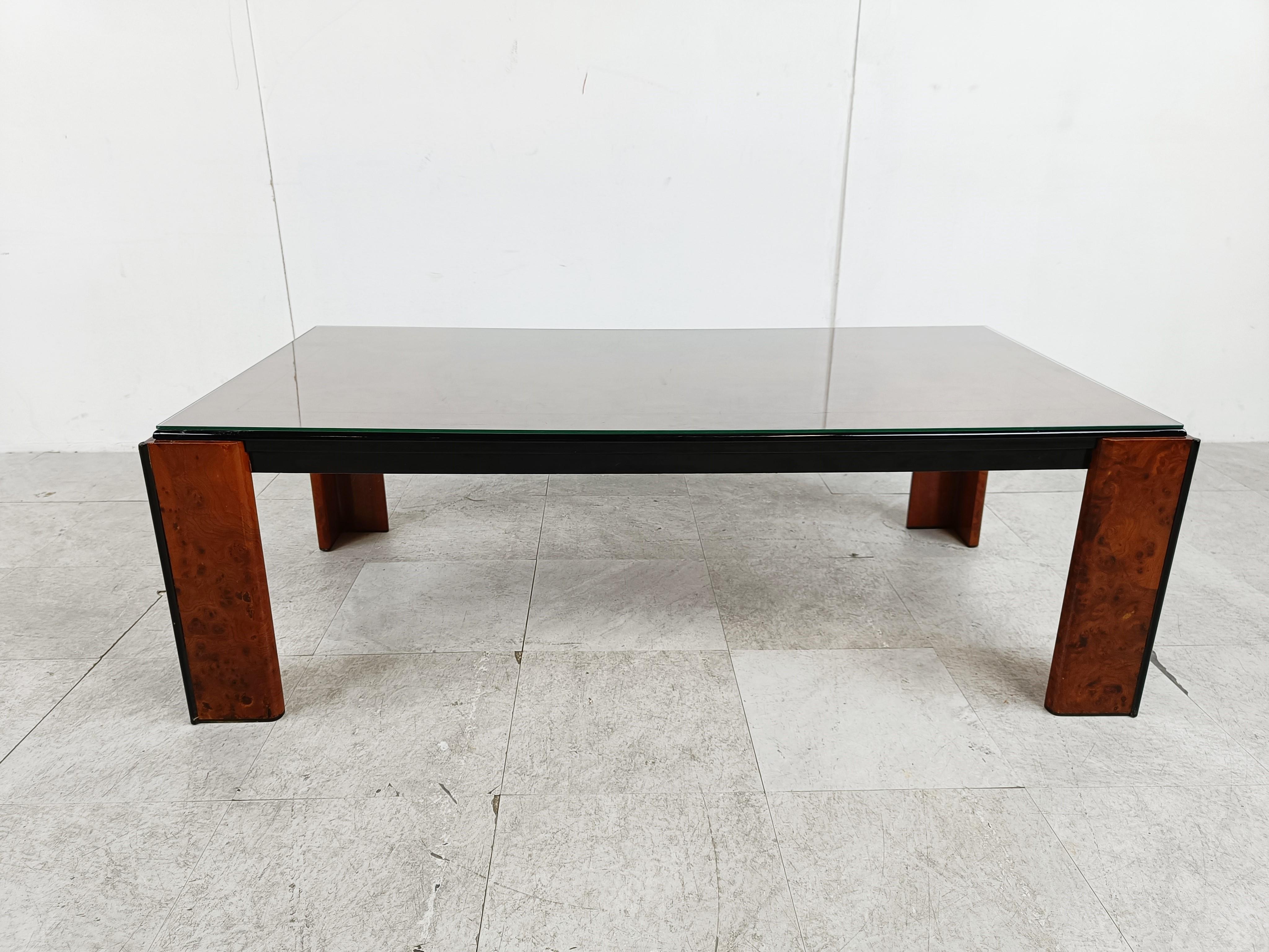 French Vintage Burl Wood and Lacquer Coffee Table, 1970s For Sale