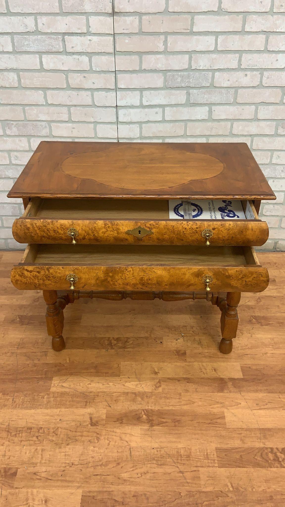 Hand-Crafted Vintage Burl Wood Biedermeier Style 2 Drawer Side Table by Baker Furniture Co. For Sale