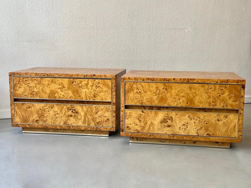 Italian 1970s Vintage Burl Wood & Brass Night Stands For Sale