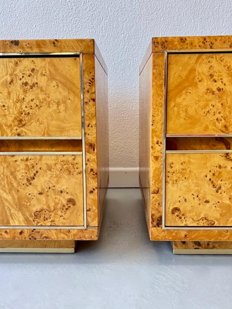 Late 20th Century 1970s Vintage Burl Wood & Brass Night Stands For Sale