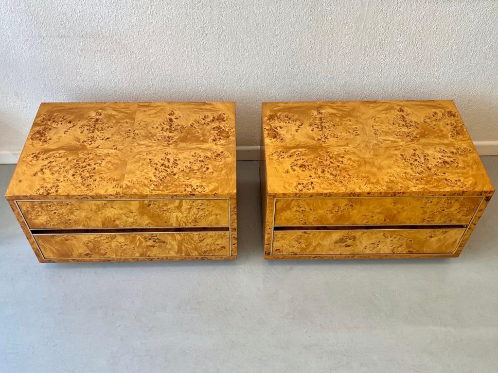 1970s Vintage Burl Wood & Brass Night Stands For Sale 1