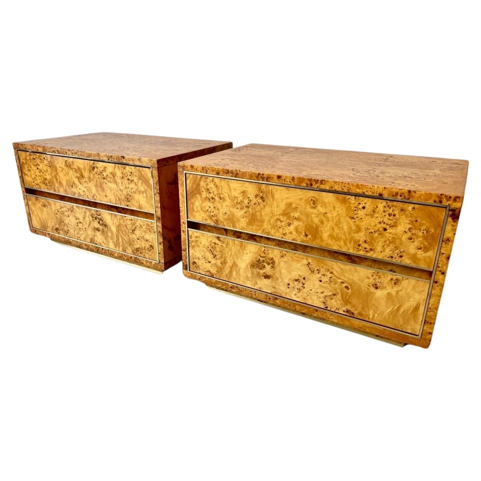 Vintage Burl Wood & Brass Night Stands by 