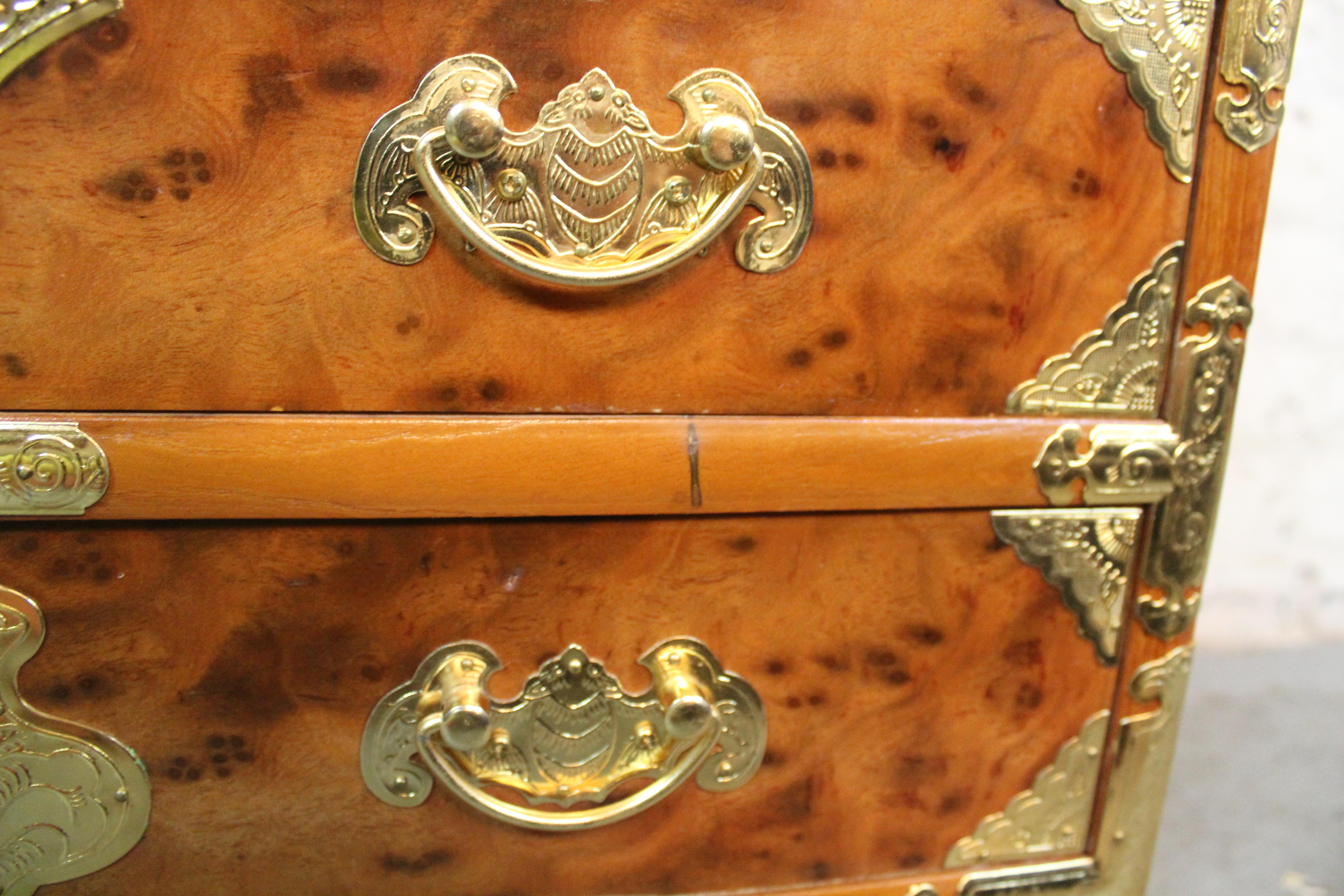 Vintage Burl Wood & Brass Tansu Chest For Sale 4