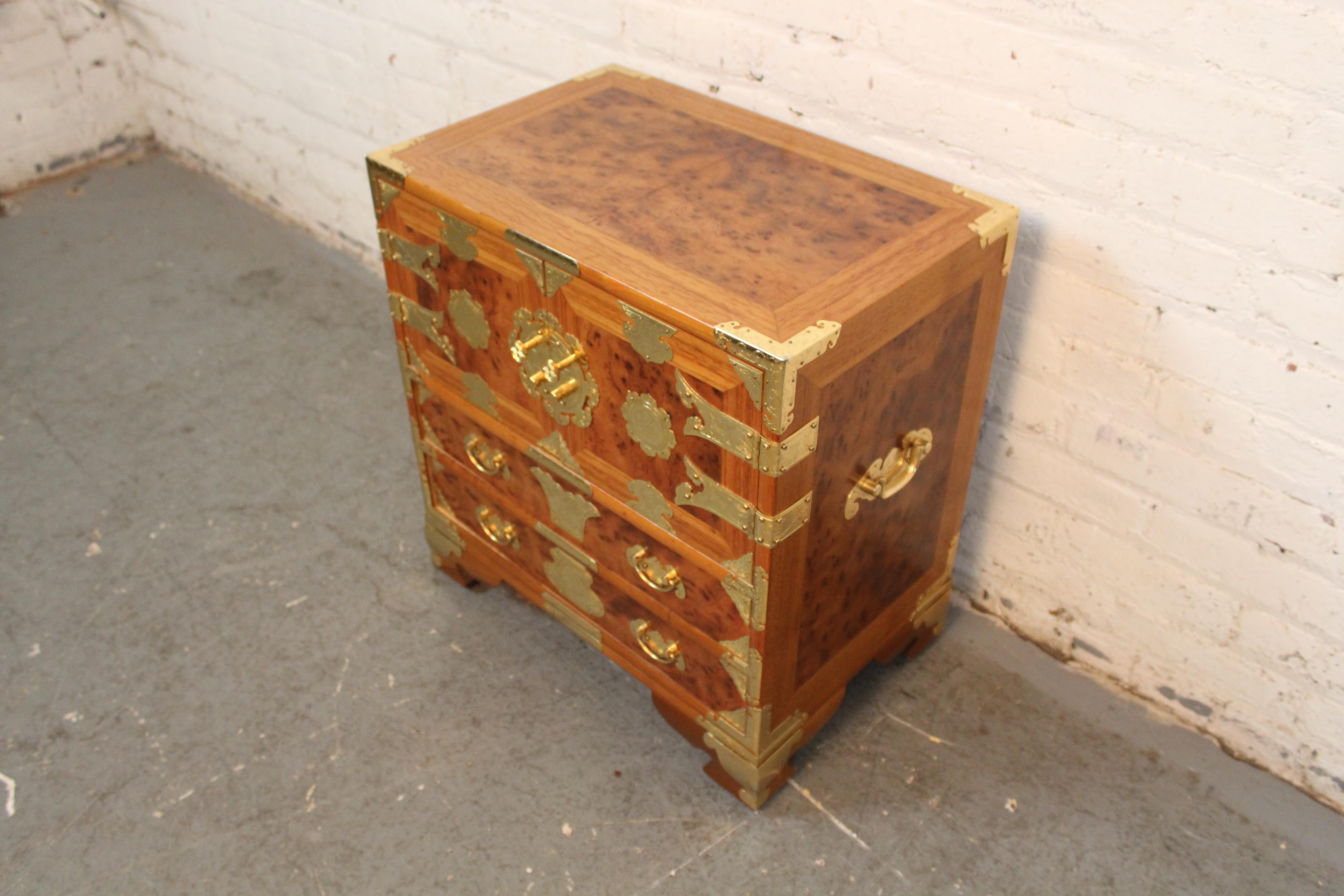 Chinese Export Vintage Burl Wood & Brass Tansu Chest For Sale