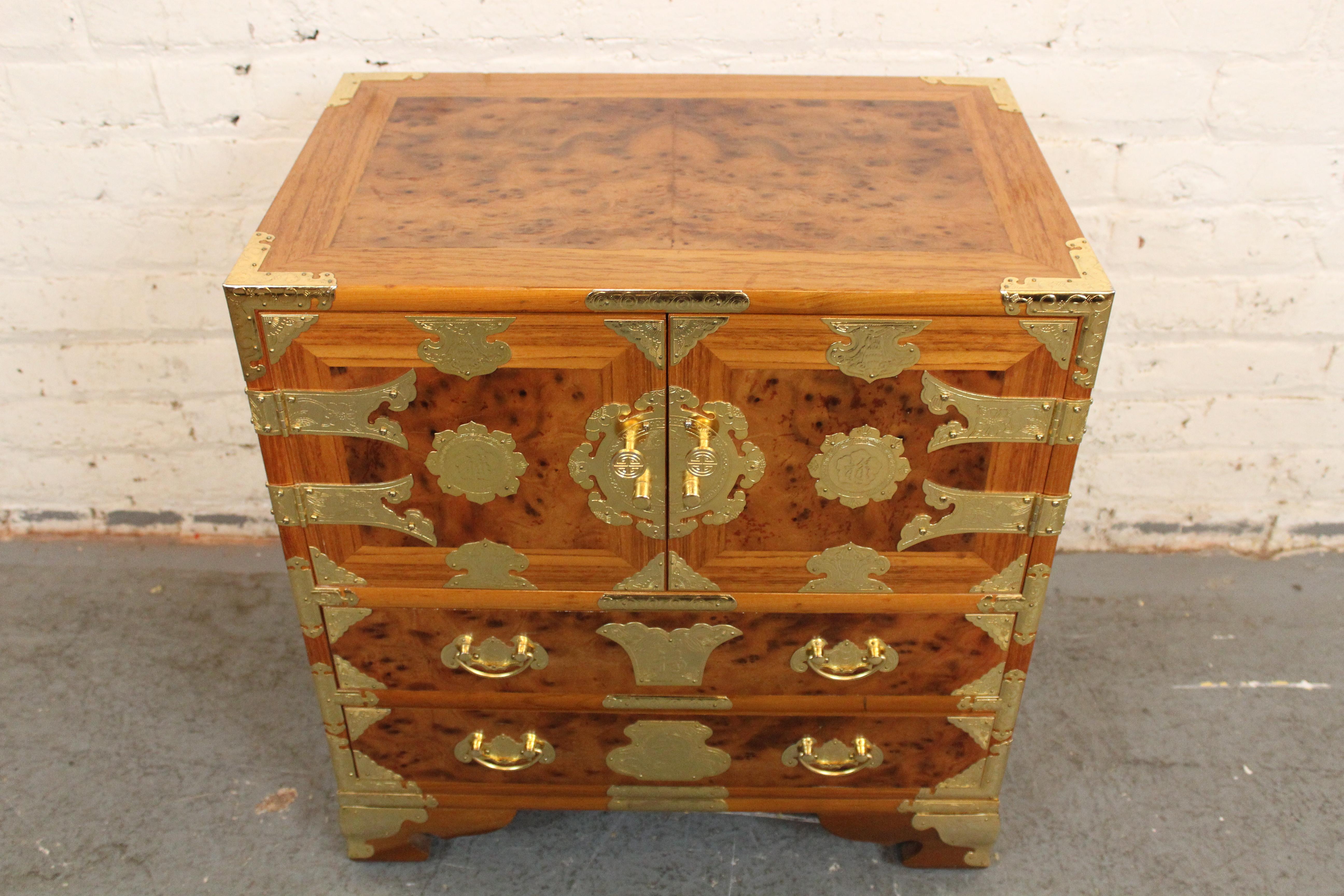 Chinese Vintage Burl Wood & Brass Tansu Chest For Sale