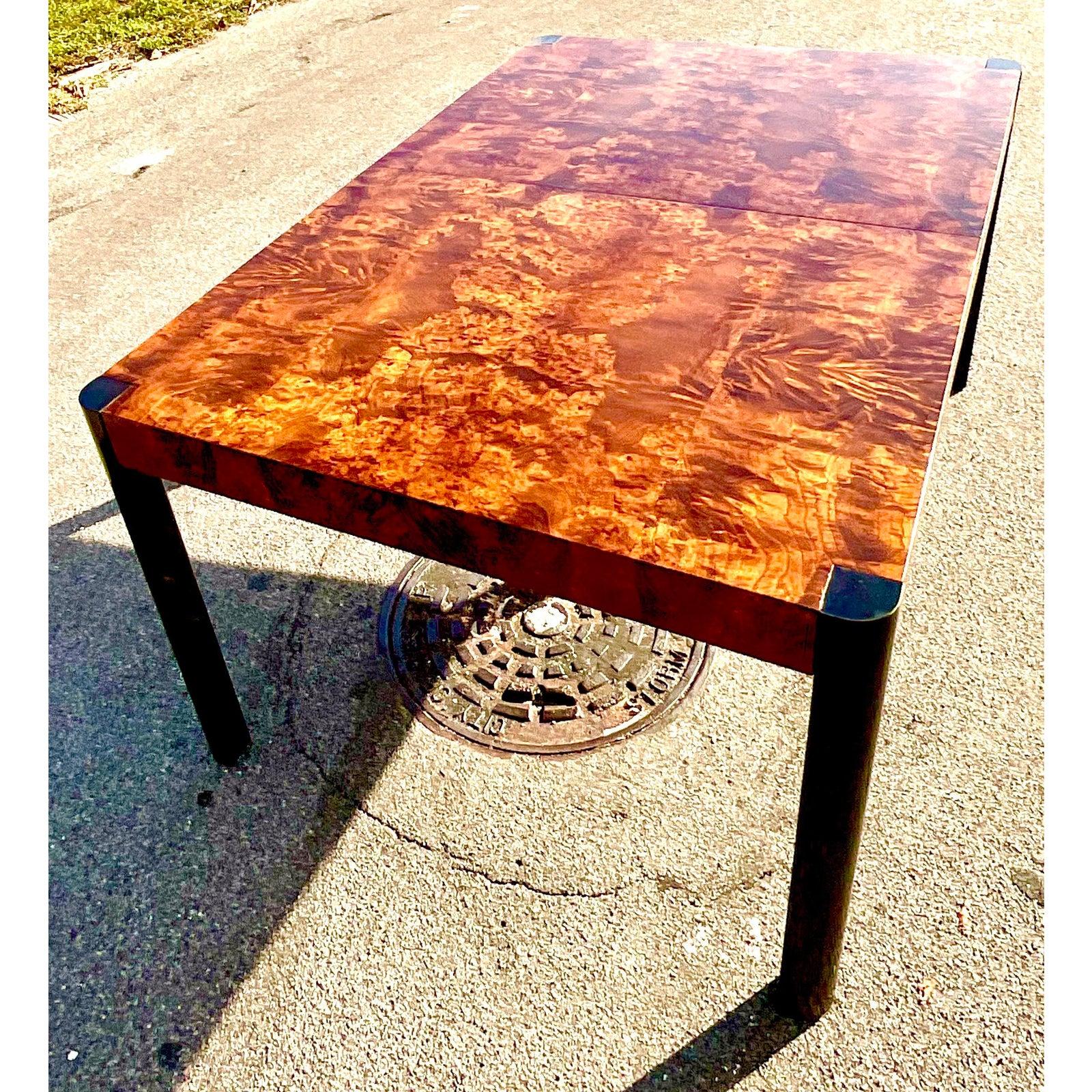 Fantastic midcentury burl wood dining table. Made by the iconic Century Furniture incredible wood grain detail. Two leaves makes it perfect for extra large groups. Acquired from a Palm Beach estate.