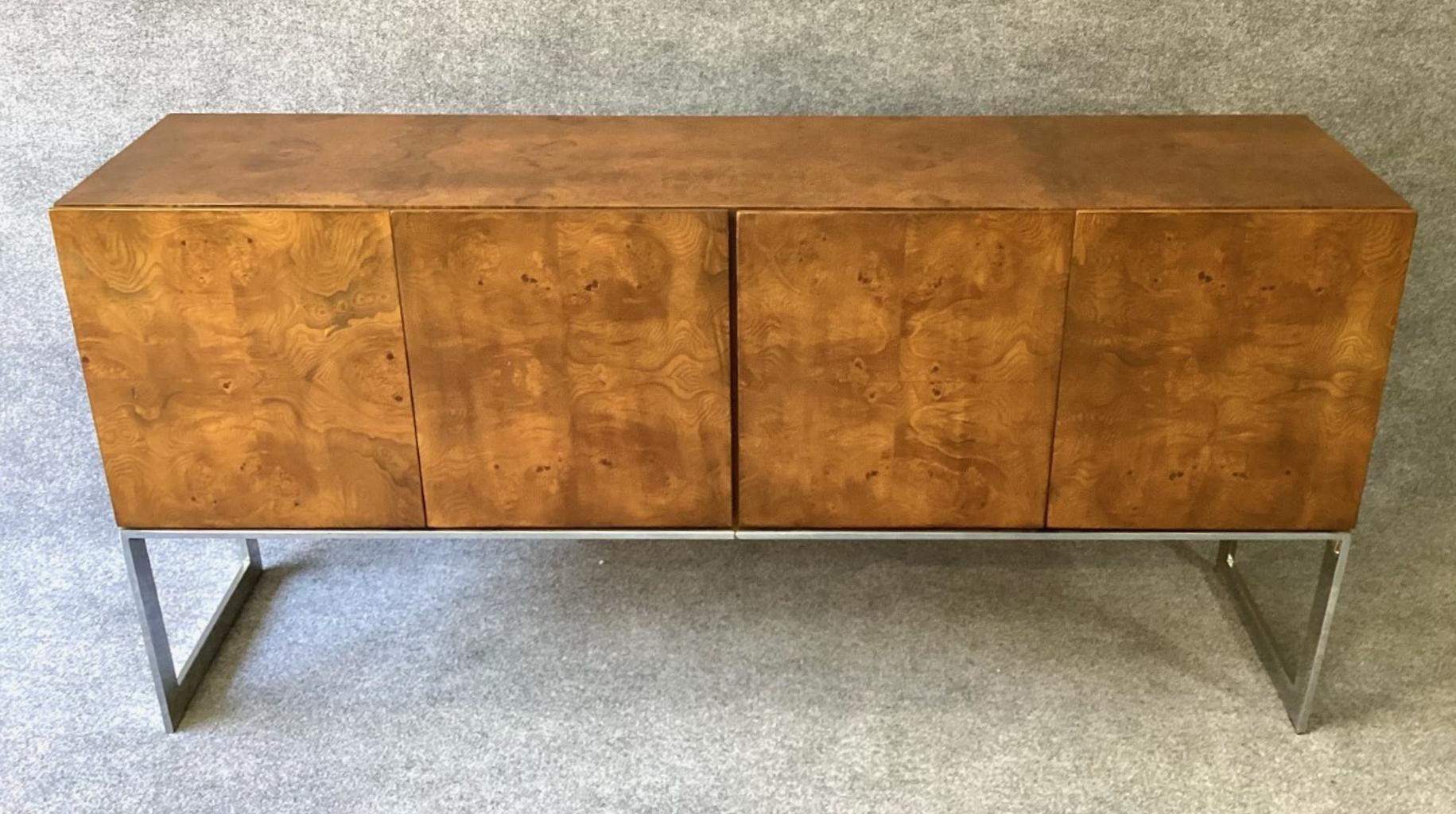 Mid-Century Modern Vintage Burl Wood Chrome Credenza by Milo Baughman, Thayer Coggin Mid-Century