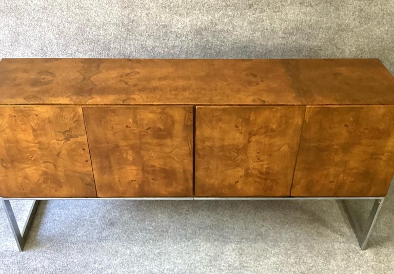 Vintage Burl Wood Chrome Credenza by Milo Baughman, Thayer Coggin Mid-Century In Good Condition For Sale In Philadelphia, PA