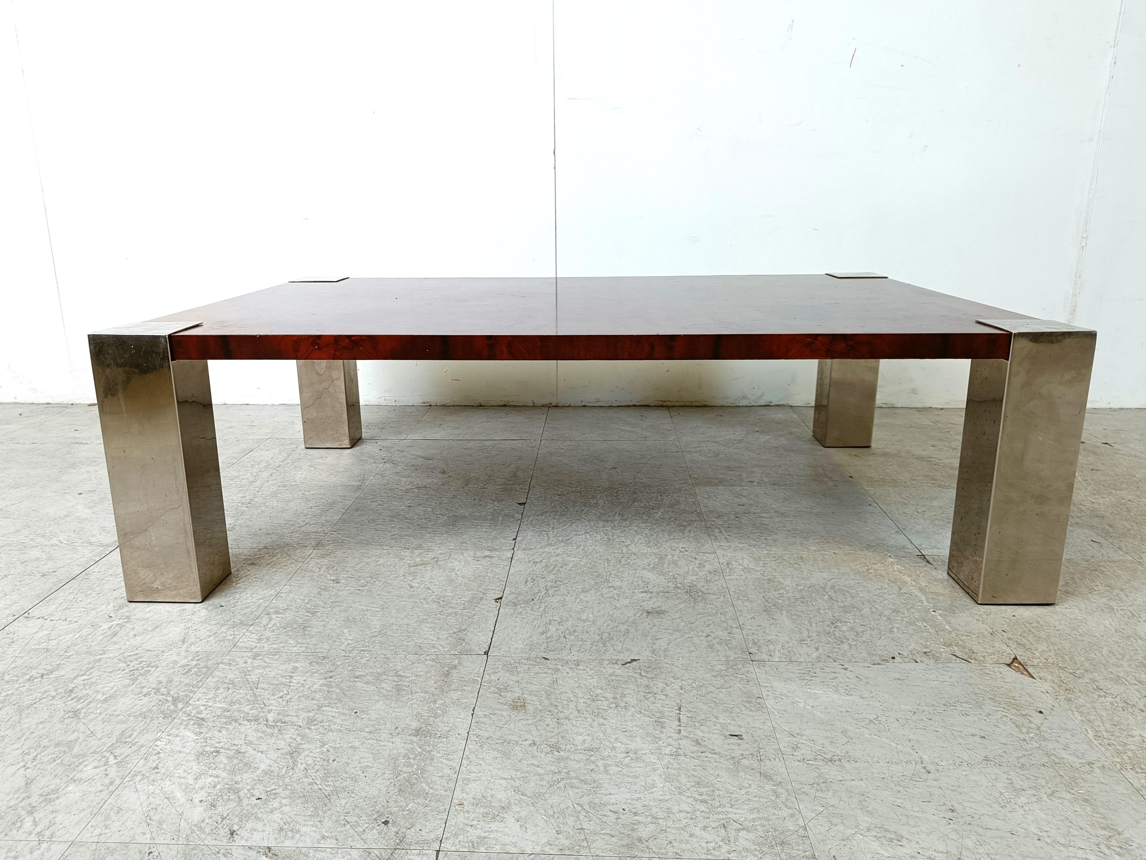 Chrome Table basse vintage en bois de ronce par Cidue, 1970  en vente