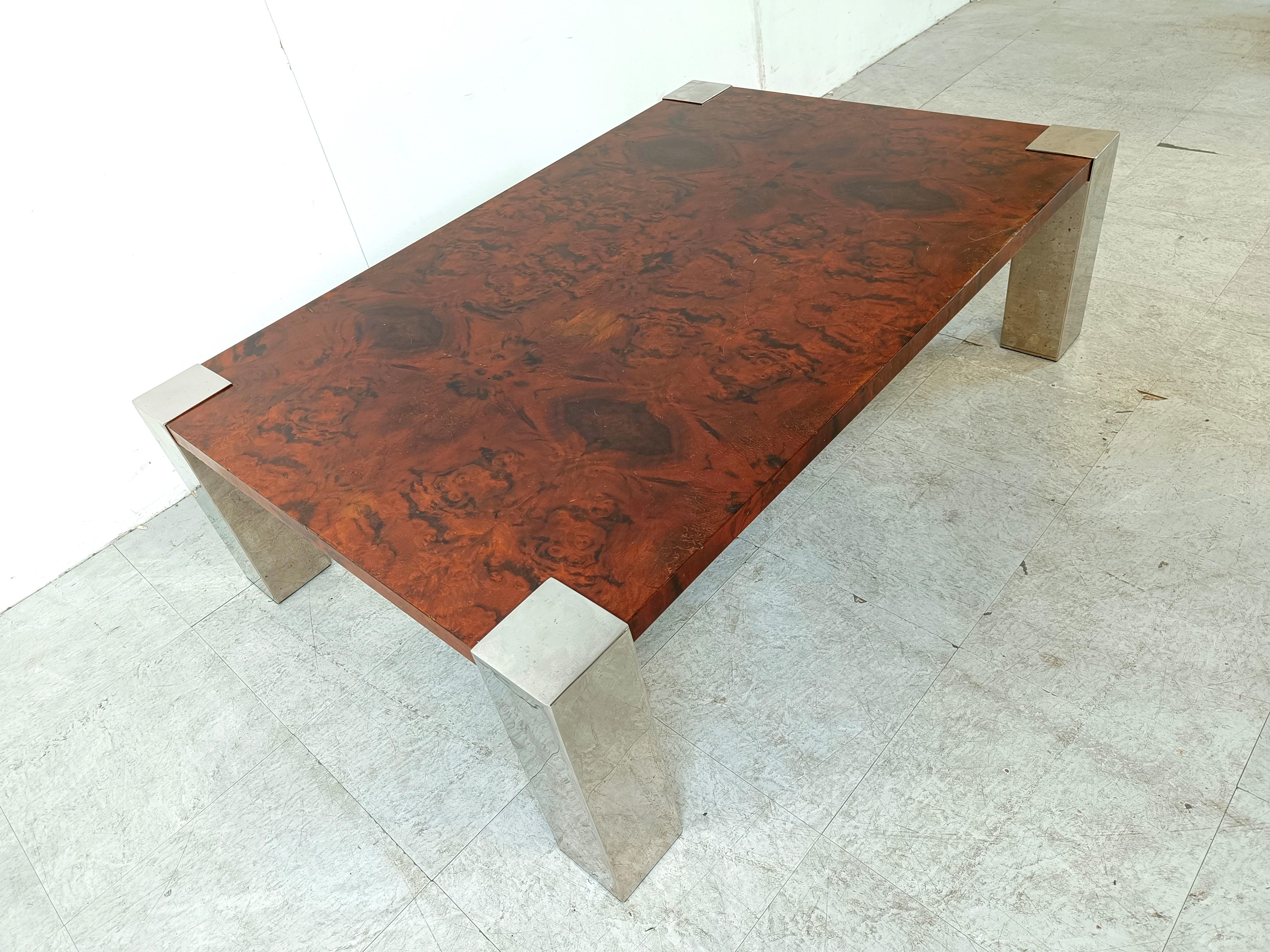 Chrome Vintage burl wood coffee table by Cidue, 1970s  For Sale