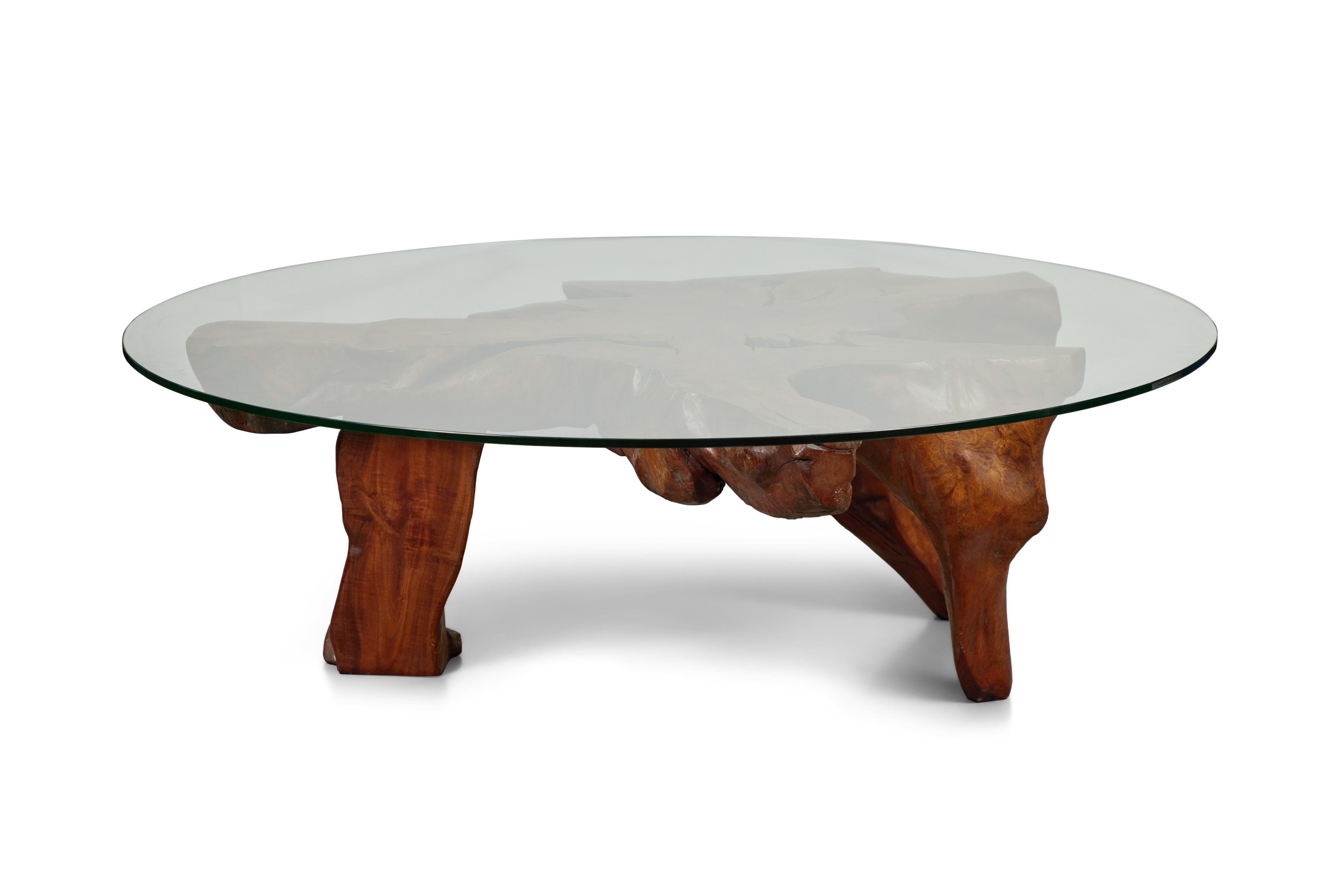Vintage Burl wood coffee table w/ new glass top, wood from the Santa Cruz Islands, c. 1960.