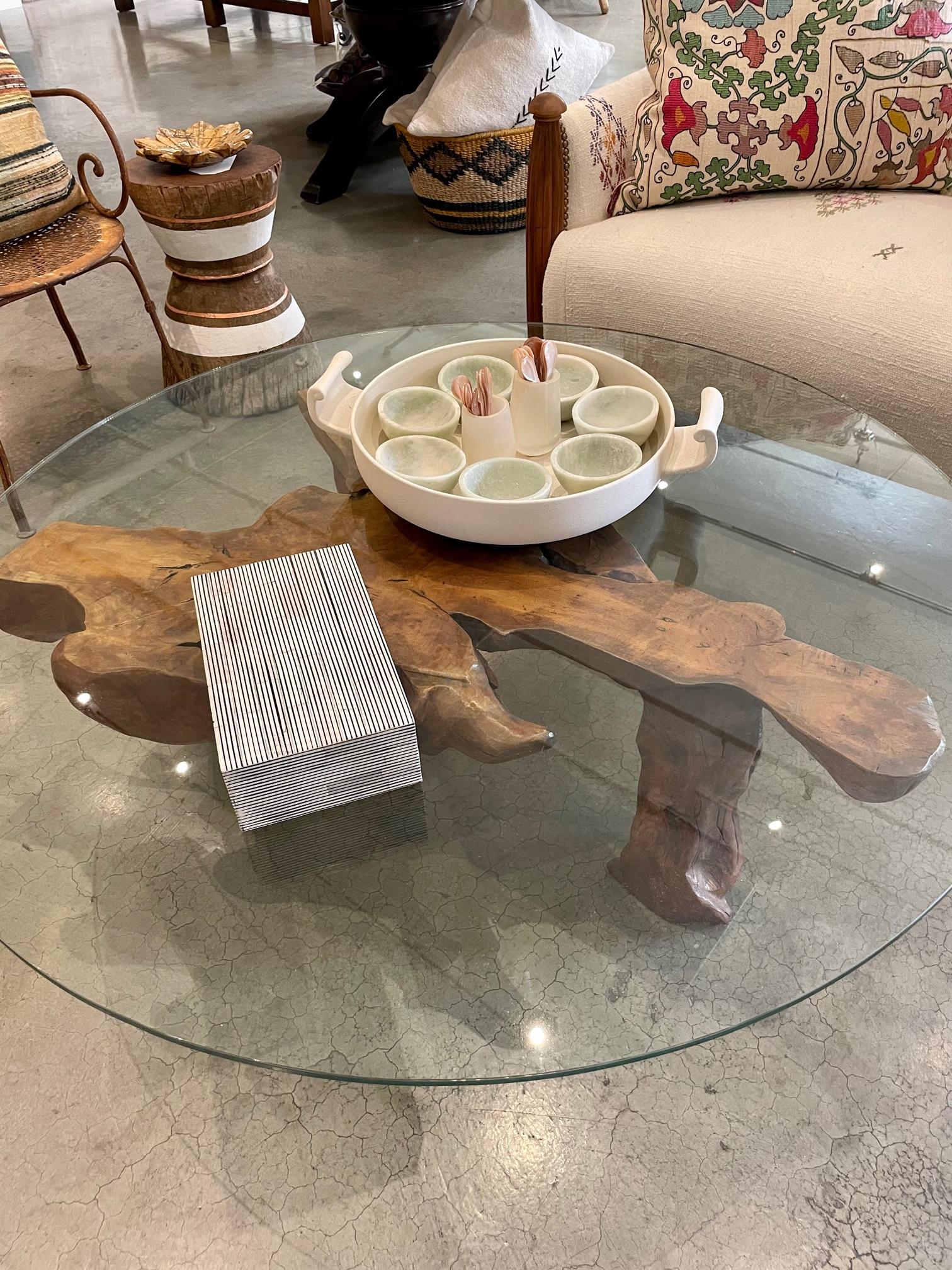 Vintage Burl Wood Coffee Table w/ New Glass Top 3