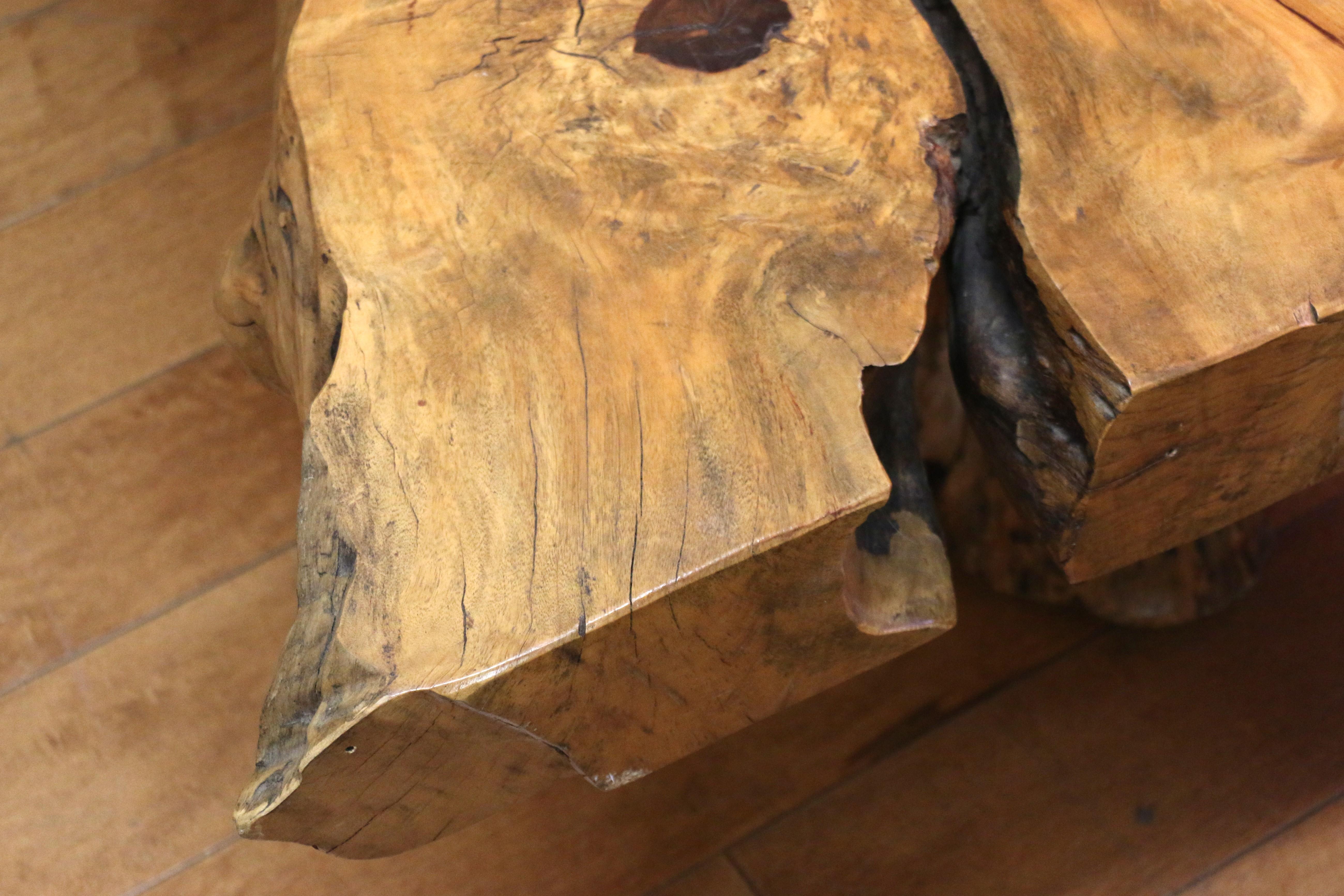 Vintage Burl Wood Coffee Table With Solid Tree Trunk Bases For Sale 4