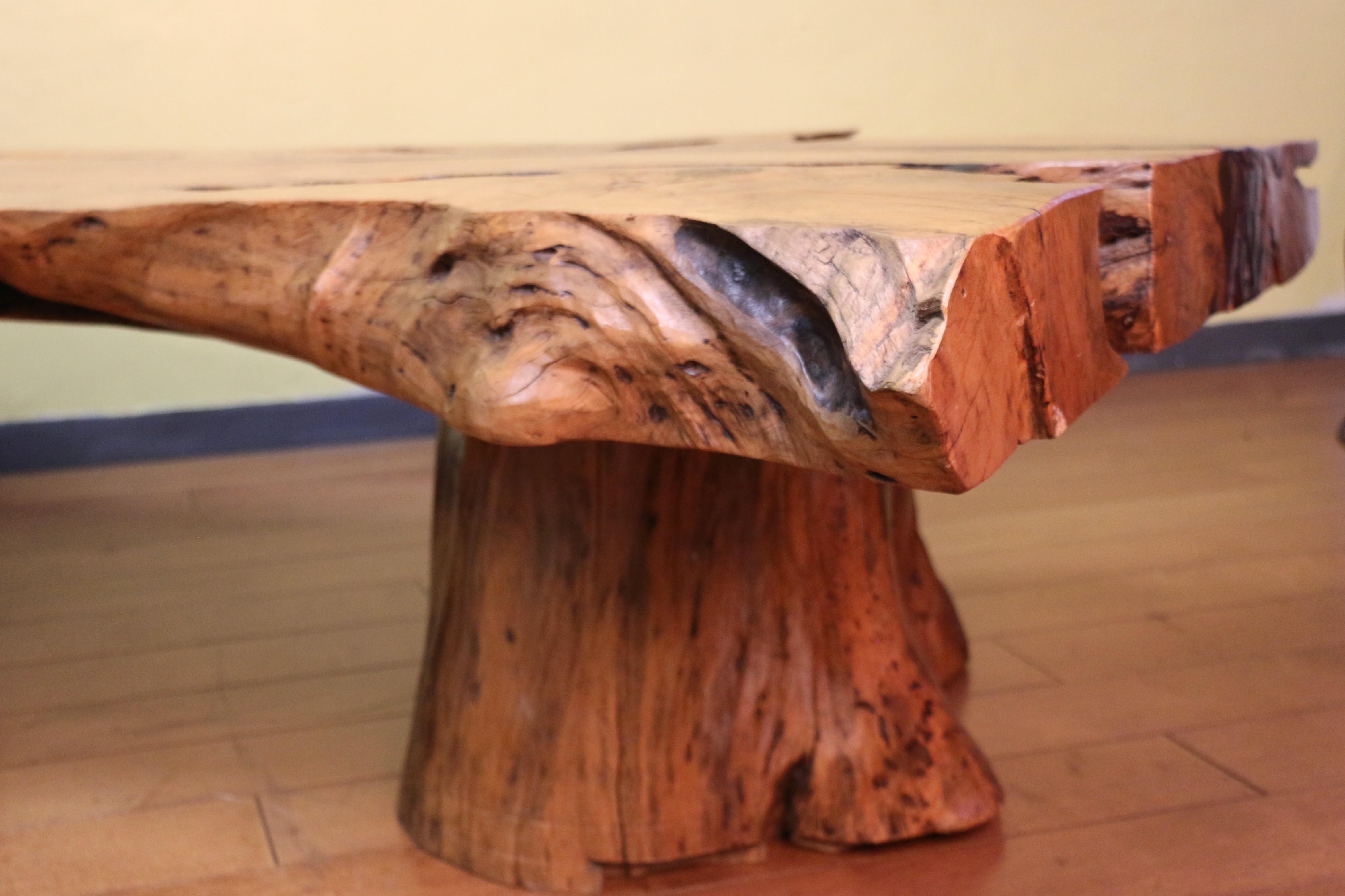Vintage Burl Wood Coffee Table With Solid Tree Trunk Bases For Sale 9
